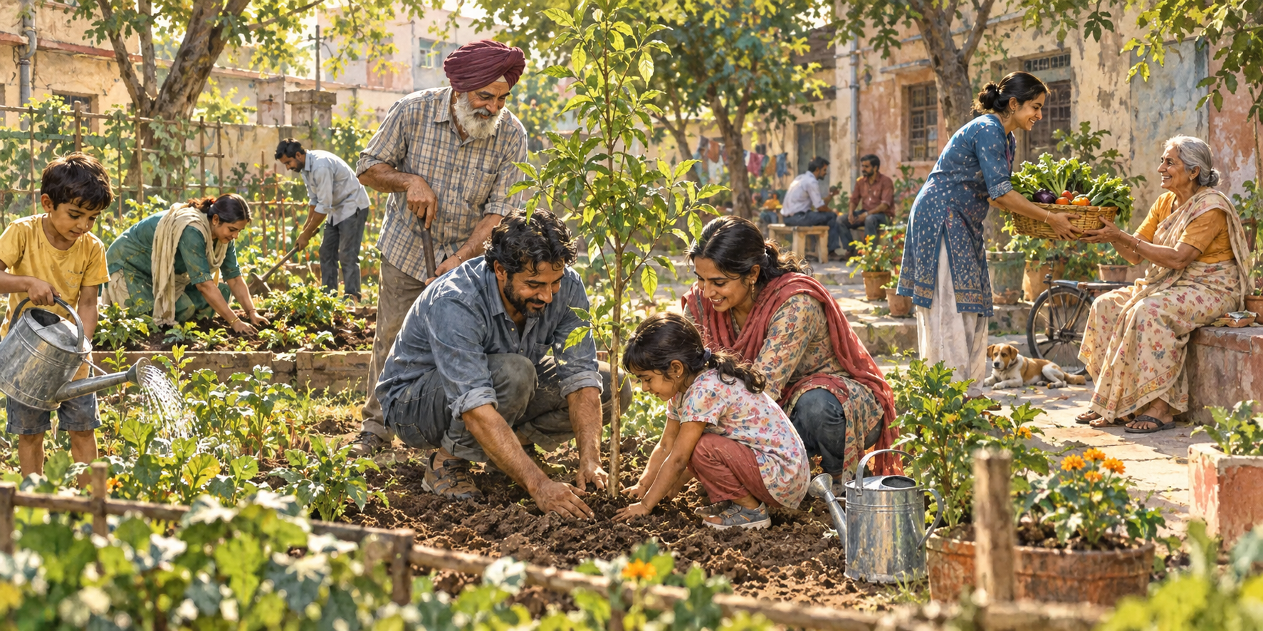 South Asian neighbors of different ages plant a tree, water garden beds and share harvested produce in a community courtyard.