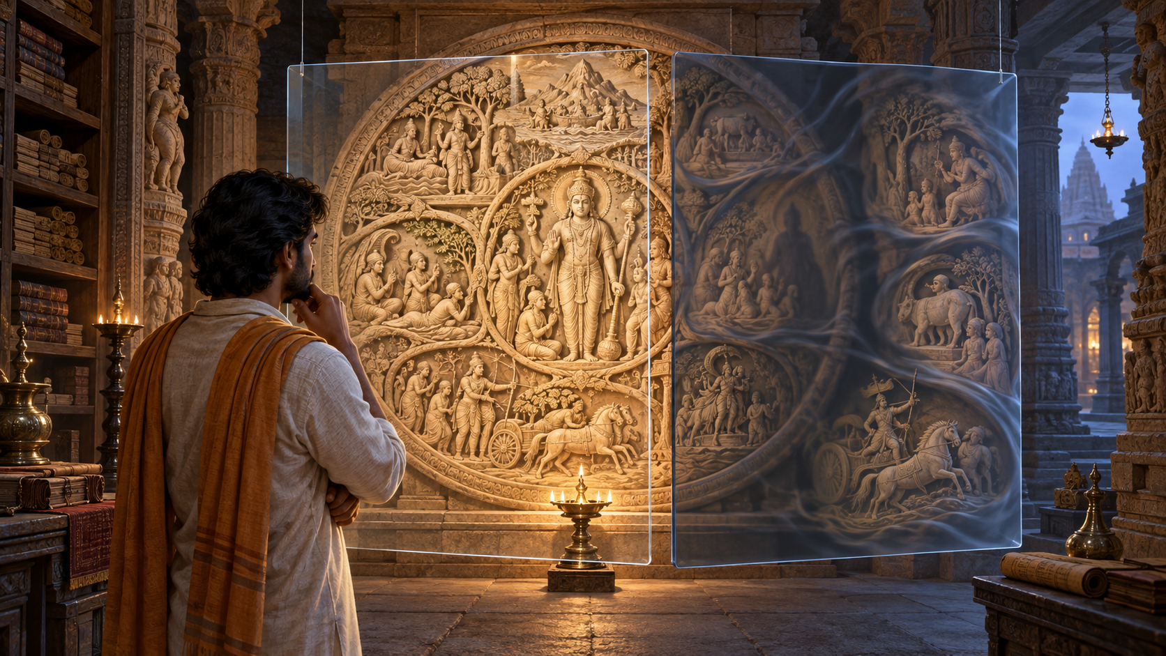 A reader in a temple archive views a sacred stone relief through one clear glass pane and one warped pane that hides part of the scene.