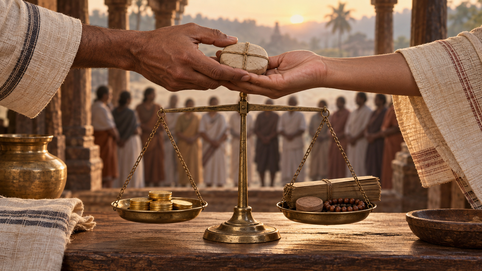 Hands meet above a balanced scale holding unmarked coins on one side and a seal, blank palm leaves, and beads on the other.