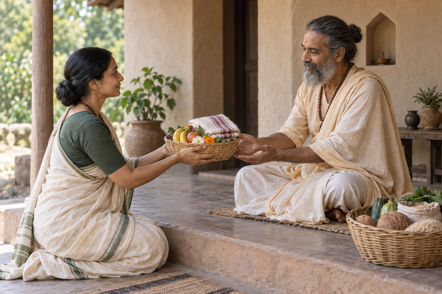 A disciple offers a basket of fruit, flowers, and folded cloth to a spiritual guide on a simple ashram veranda.