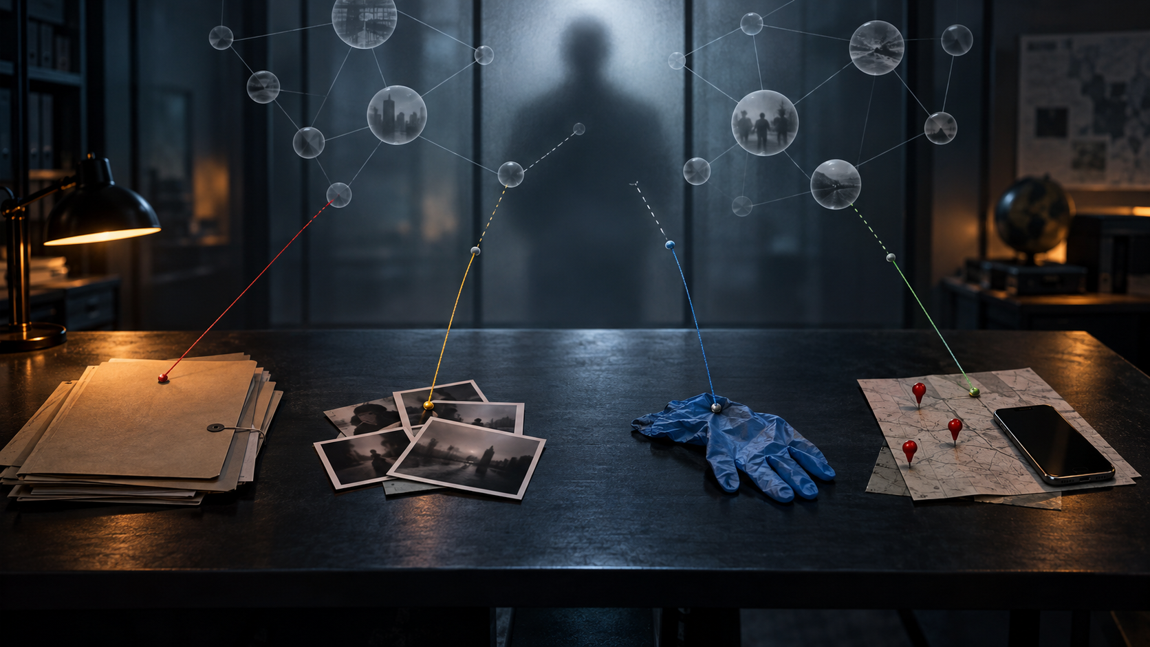 An investigation table with four separate evidence clusters and incomplete threads leading toward an obscured figure behind frosted glass.