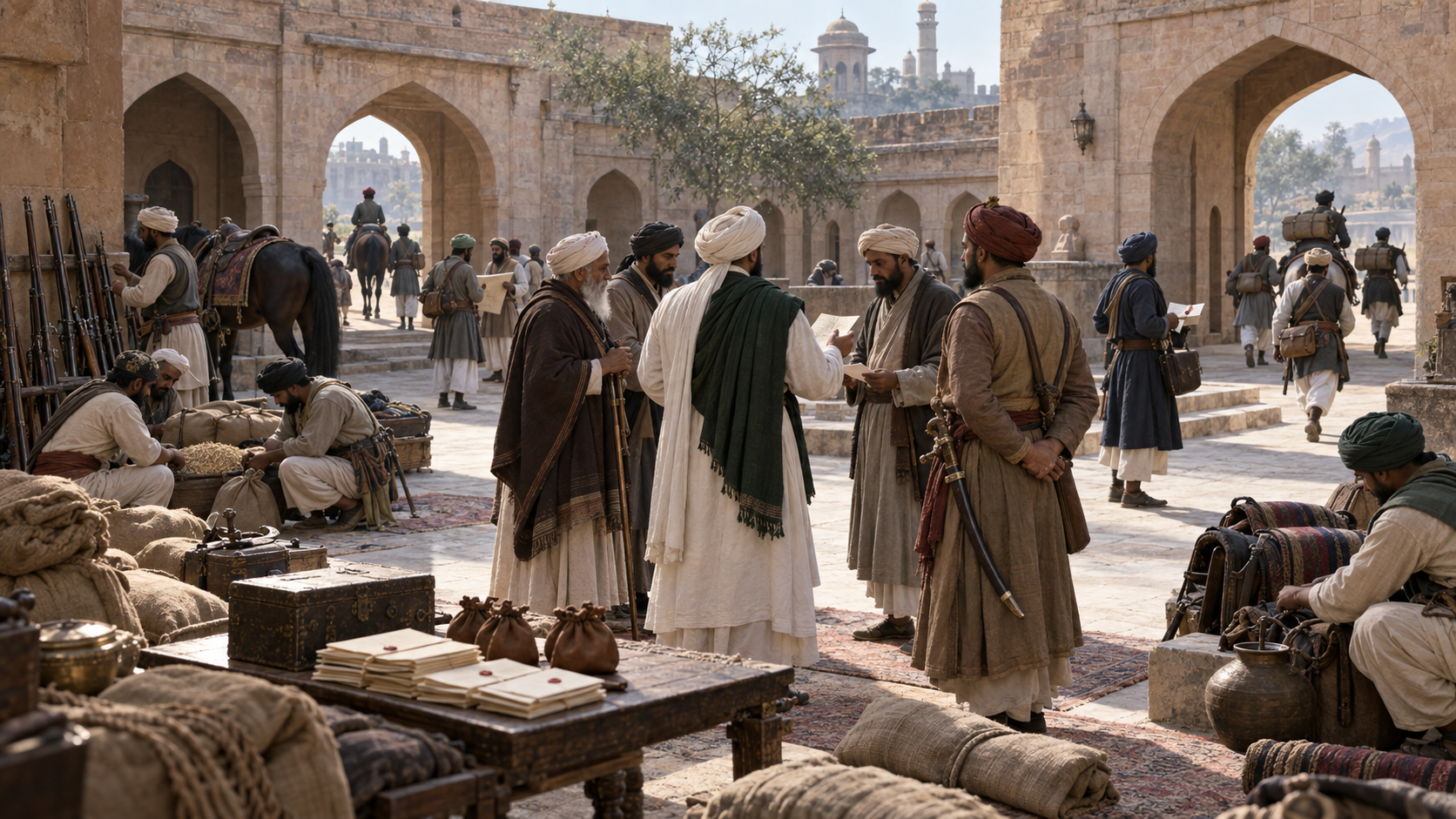 A revivalist leader meets clerics, couriers, and armed organizers in a caravanserai courtyard surrounded by horses, supplies, and folded documents.
