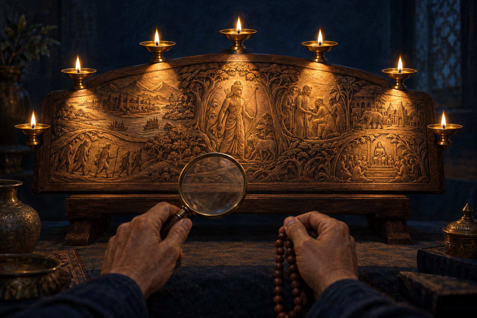 Seven brass oil lamps illuminate different parts of a carved narrative panel while a researcher examines it with a magnifying lens.