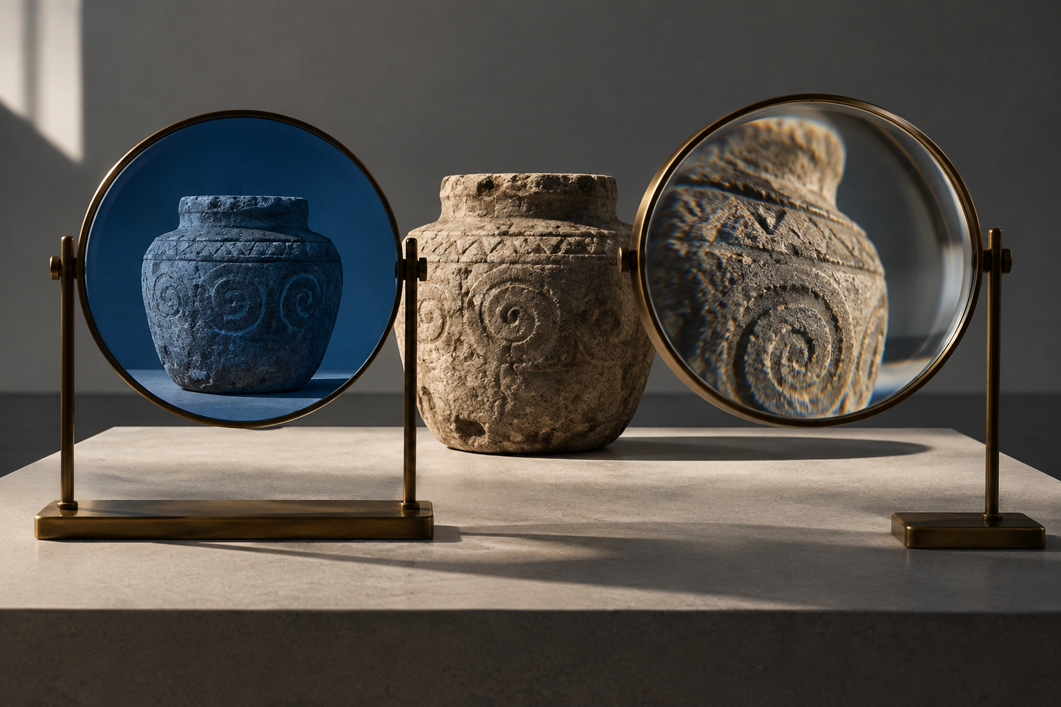 Two glass lenses alter the view of a stone artifact, with one preserving its shape and the other distorting and cropping it.