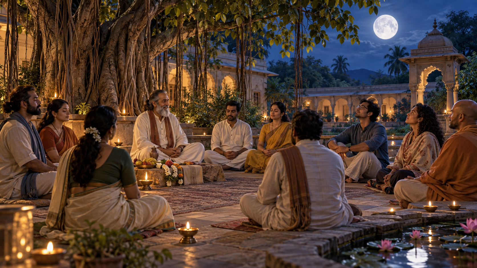 Adults sit in reflection with a spiritual guide beside flower and fruit offerings in a moonlit ashram courtyard.