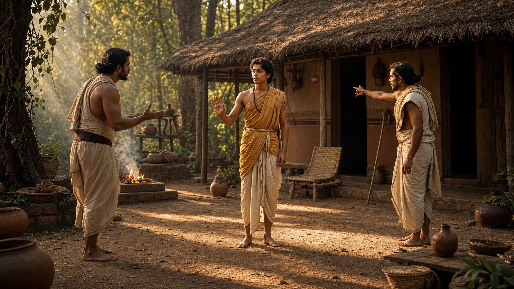 Utanka stands calmly in a forest hermitage courtyard as two household attendants gesture toward his absent teacher's dwelling.