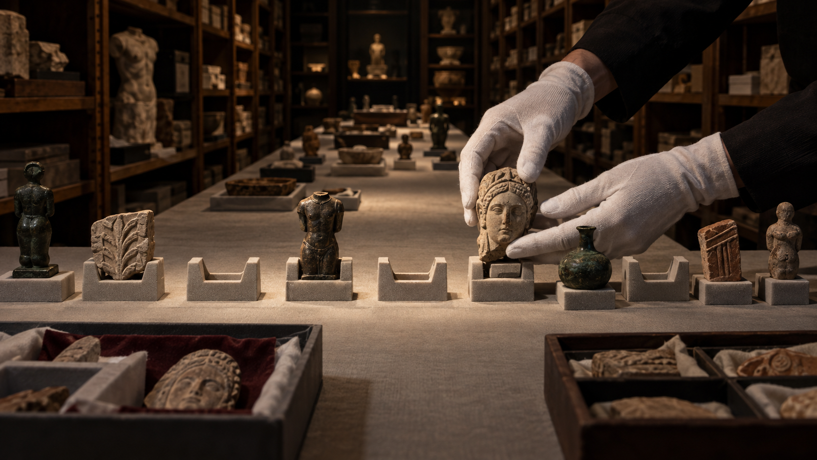Gloved hands return an overlooked carved fragment to an empty place among historical objects on an archival table.