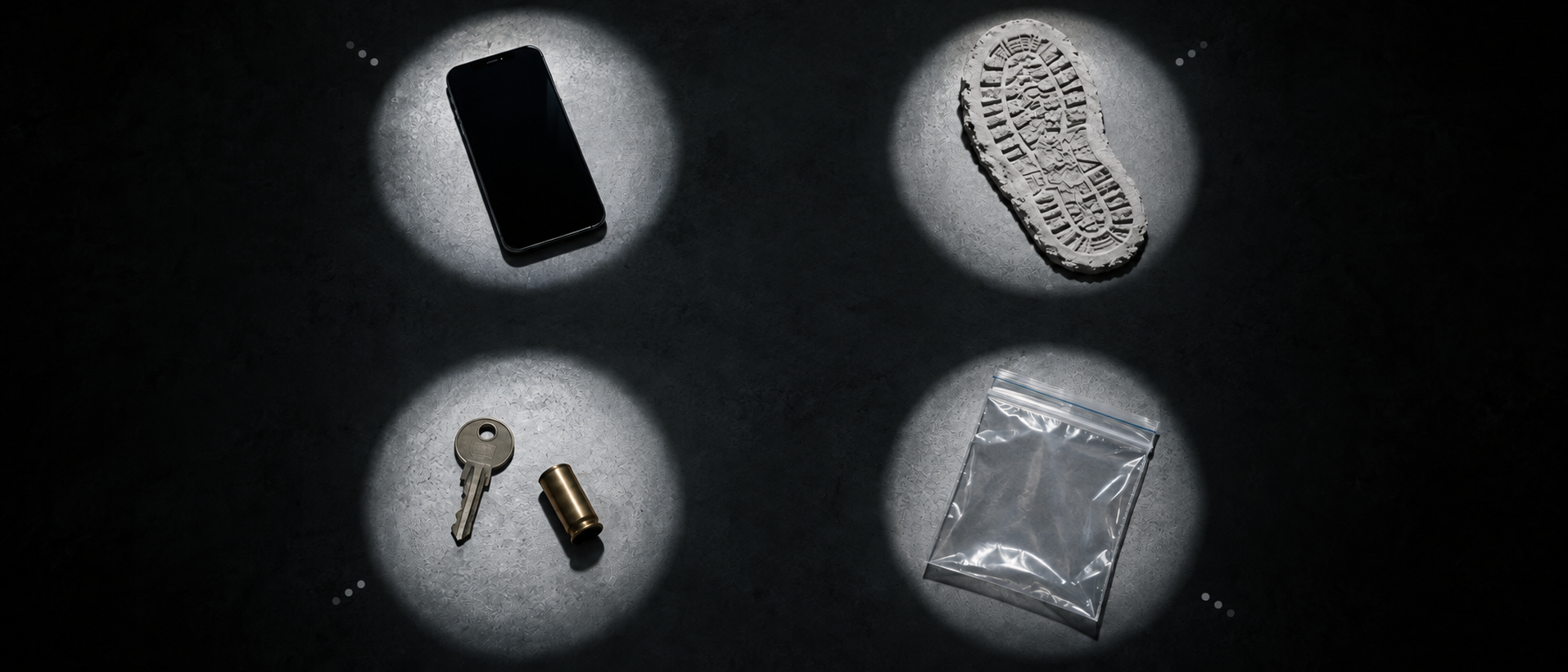 Four isolated pools of light illuminate separate groups of anonymous evidence objects on a dark forensic table.
