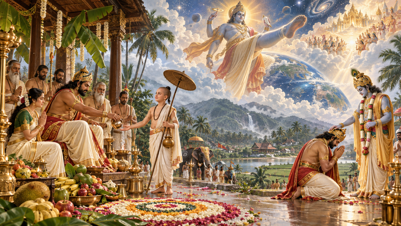Mahabali offers ritual water to Vamana as the cosmic Trivikrama form spans earth and sky and later blesses the bowing king.