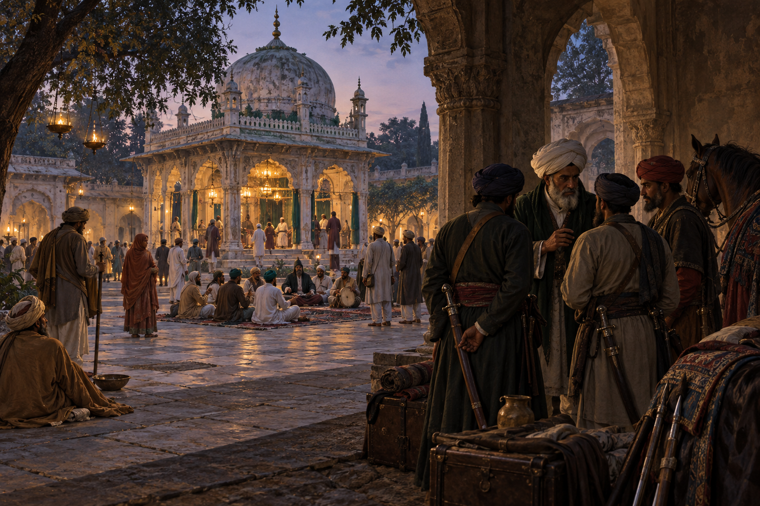 Worshippers gather in a lamp-lit Sufi shrine courtyard while an authority figure meets armed followers in the shadowed foreground.