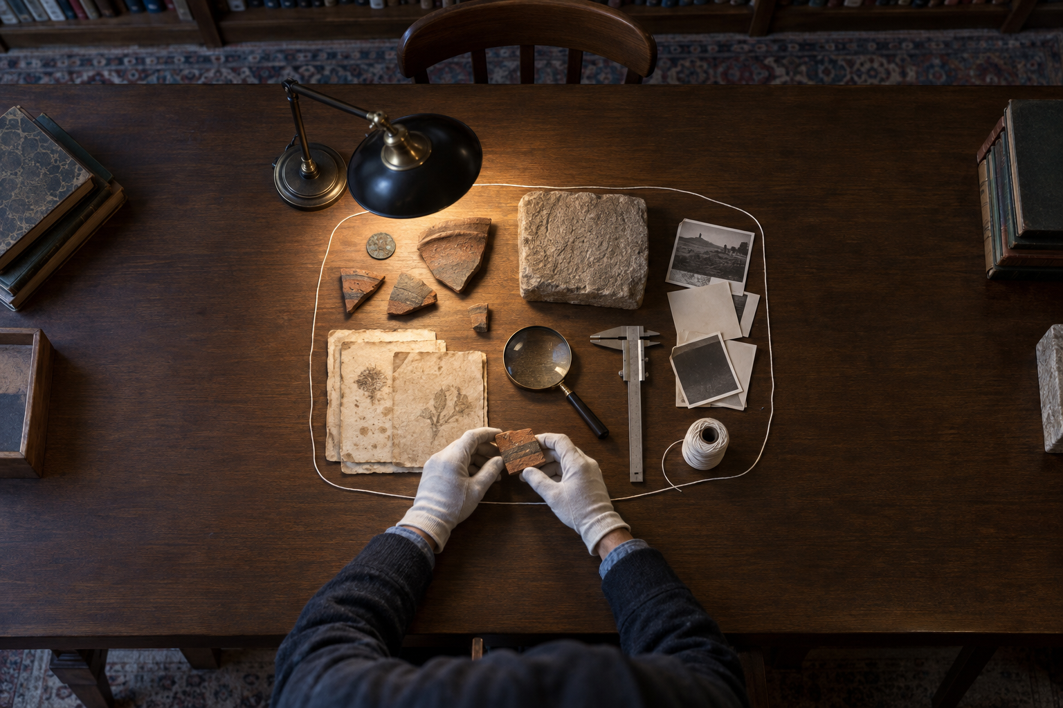 A researcher closely examines a limited group of coins, pottery, stone, and manuscript evidence within a defined work area.