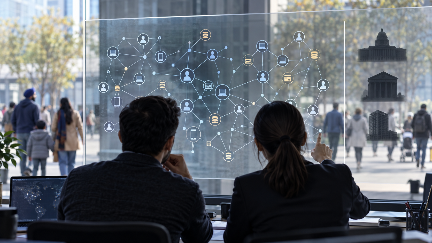 Two anonymous analysts examine a transparent web of unlabeled connections while diverse pedestrians remain separate in the background.