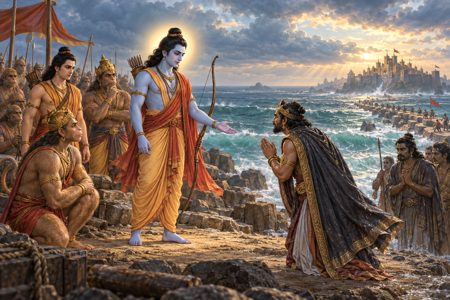 Rama lowers his bow and welcomes the kneeling Vibhishana at a coastal camp as Lakshmana, Hanuman, and vanara leaders look on.