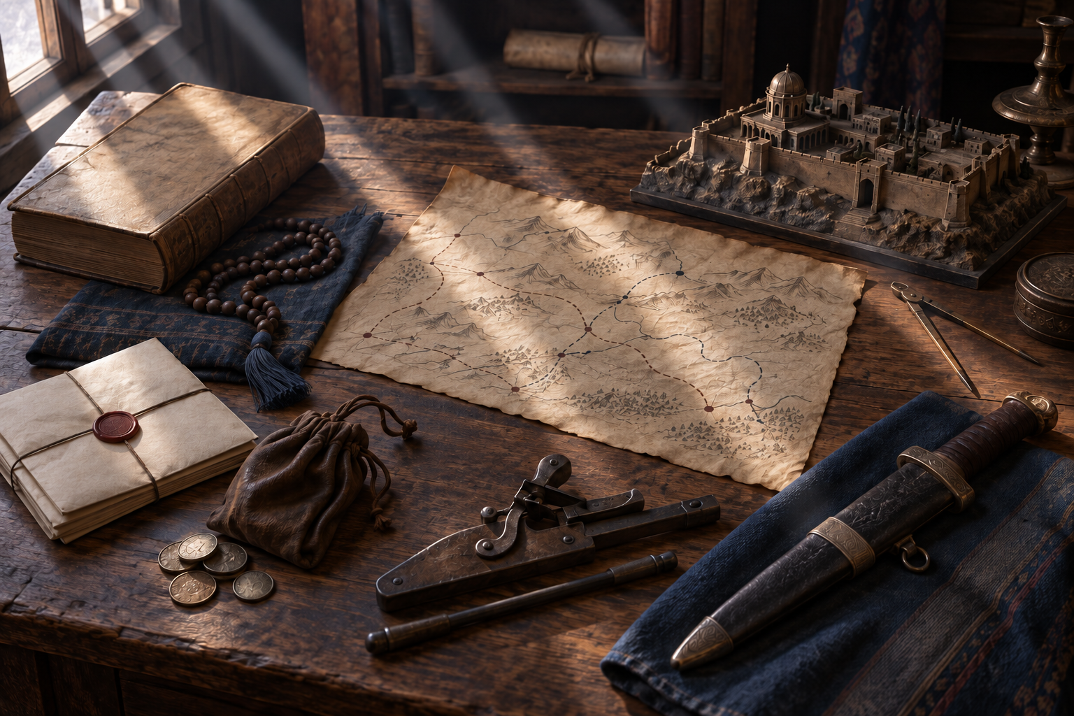 An archival desk displays a devotional manuscript, prayer beads, folded correspondence, route map, weapon parts, supplies, and a small fort model.