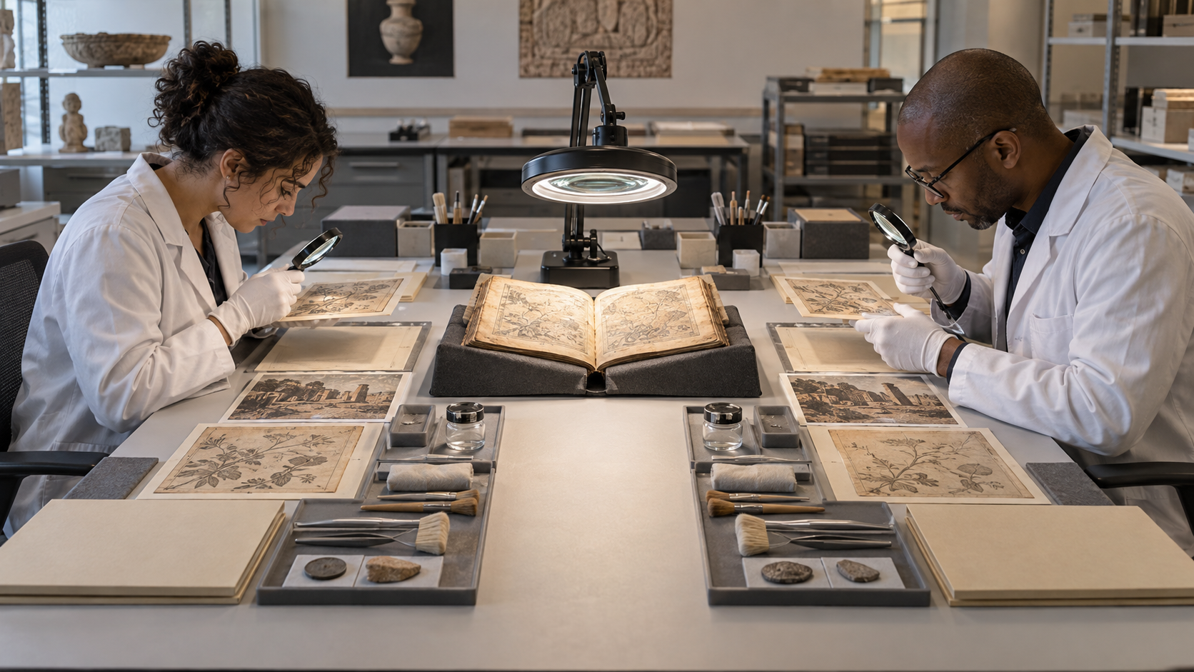 Two researchers use matching tools and source sets to independently examine the same historical evidence at a conservation table.