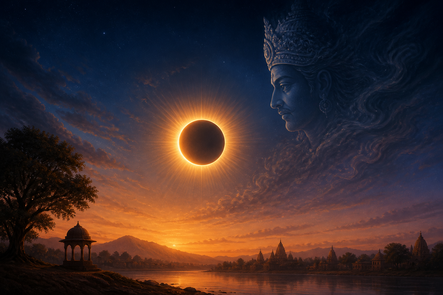 A solar eclipse above a quiet landscape, with a subtle translucent crowned head suggested in the dark blue sky.