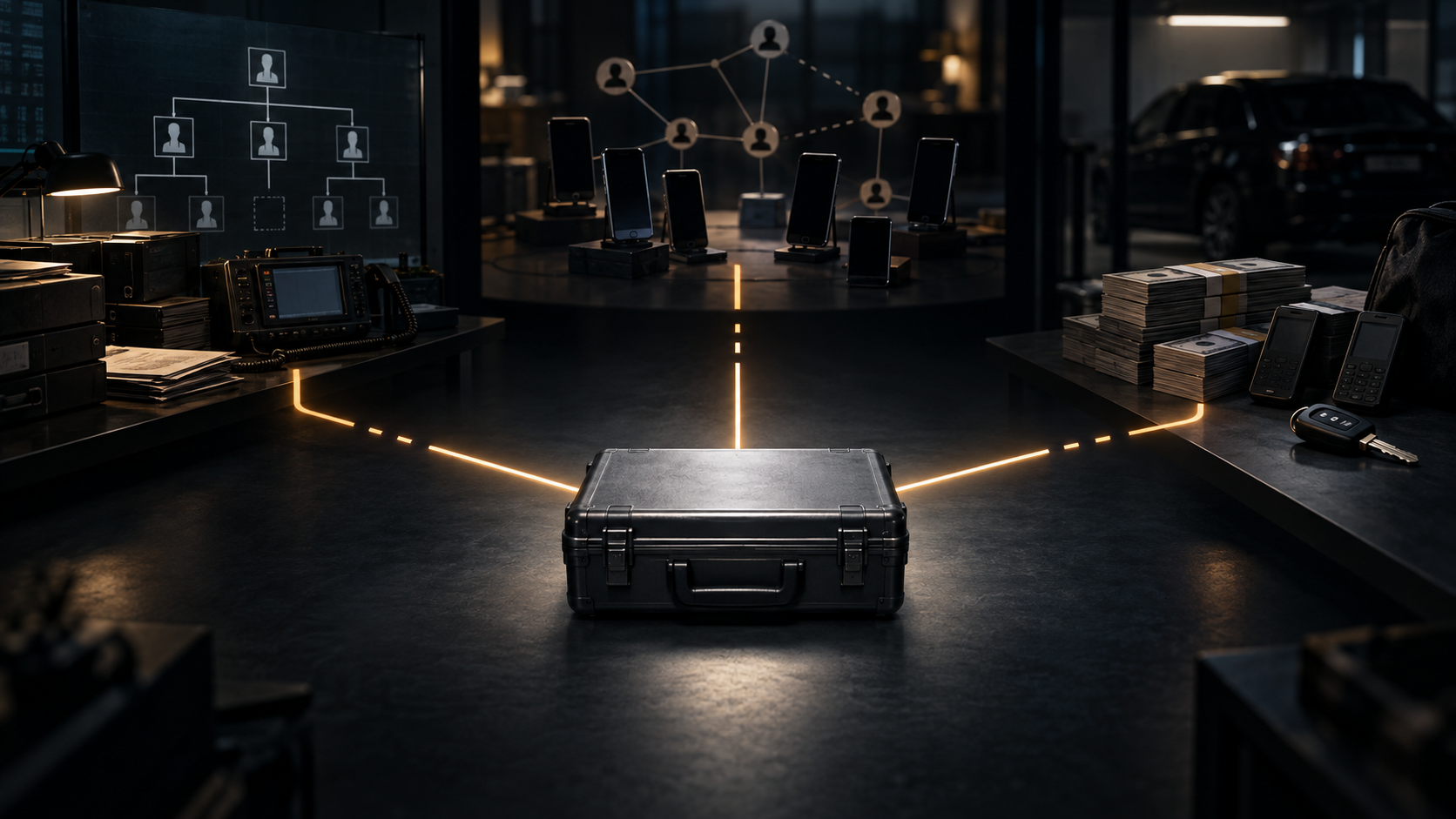 A central evidence case connects through three incomplete illuminated paths to different groups of investigative objects.