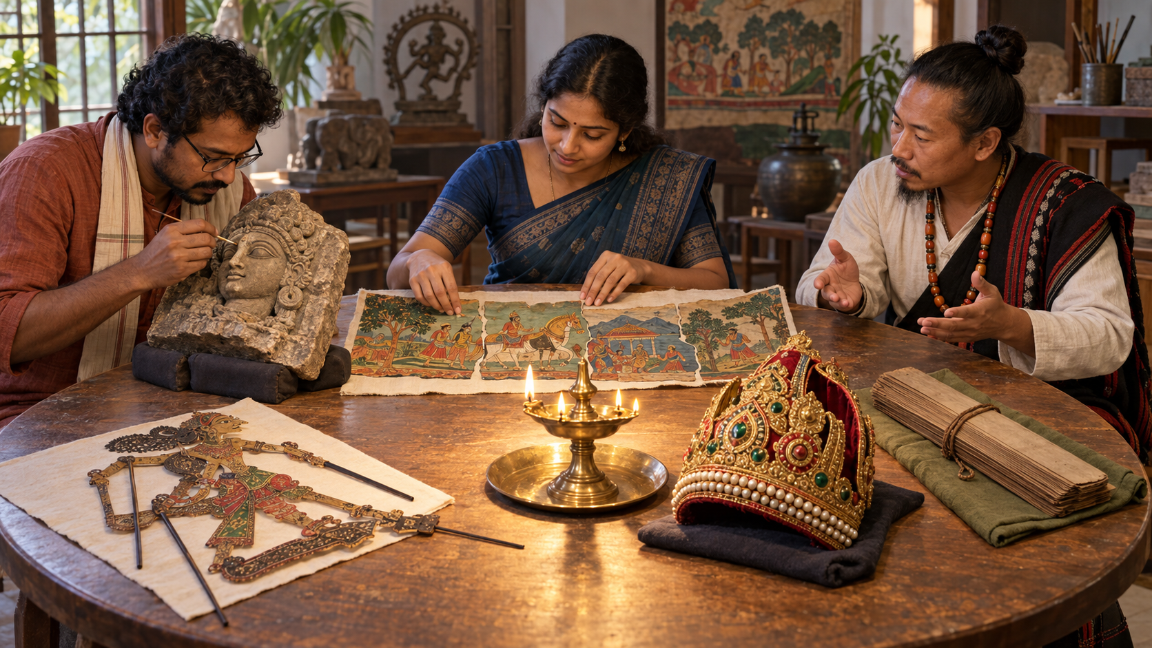 Scholars and regional storytellers compare a relief, pictorial scroll, puppet, crown, and palm-leaf bundle while carefully restoring a missing detail.