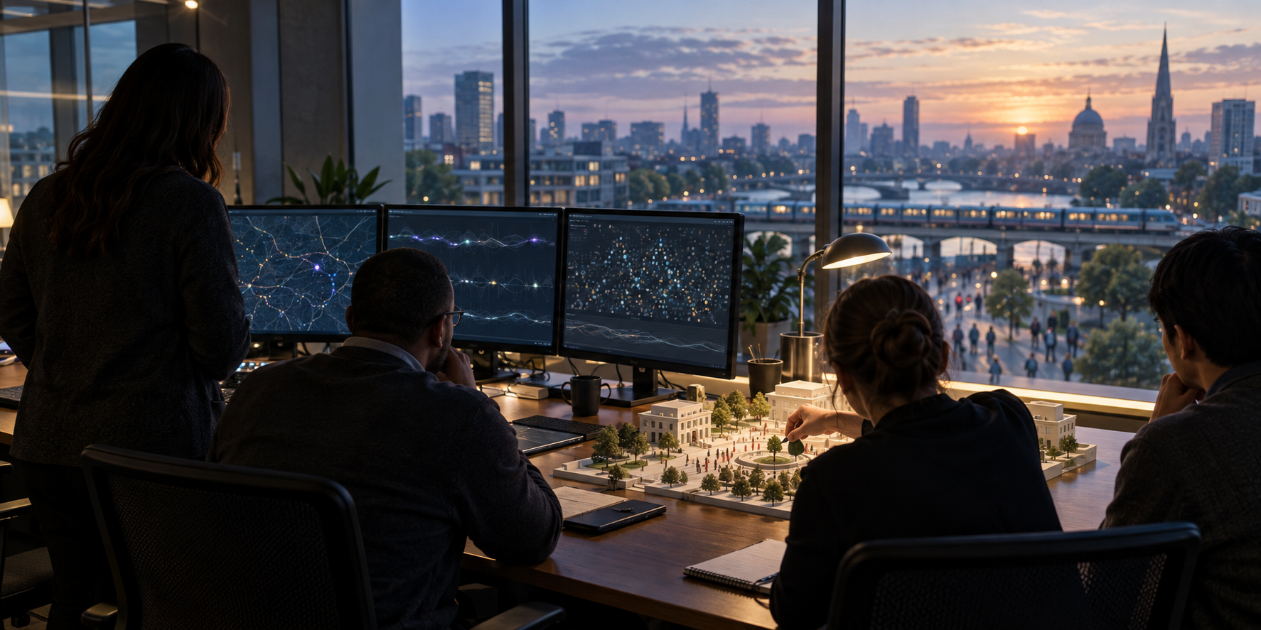 Analysts work in a calm operations room before dawn while a peaceful city begins its day outside.
