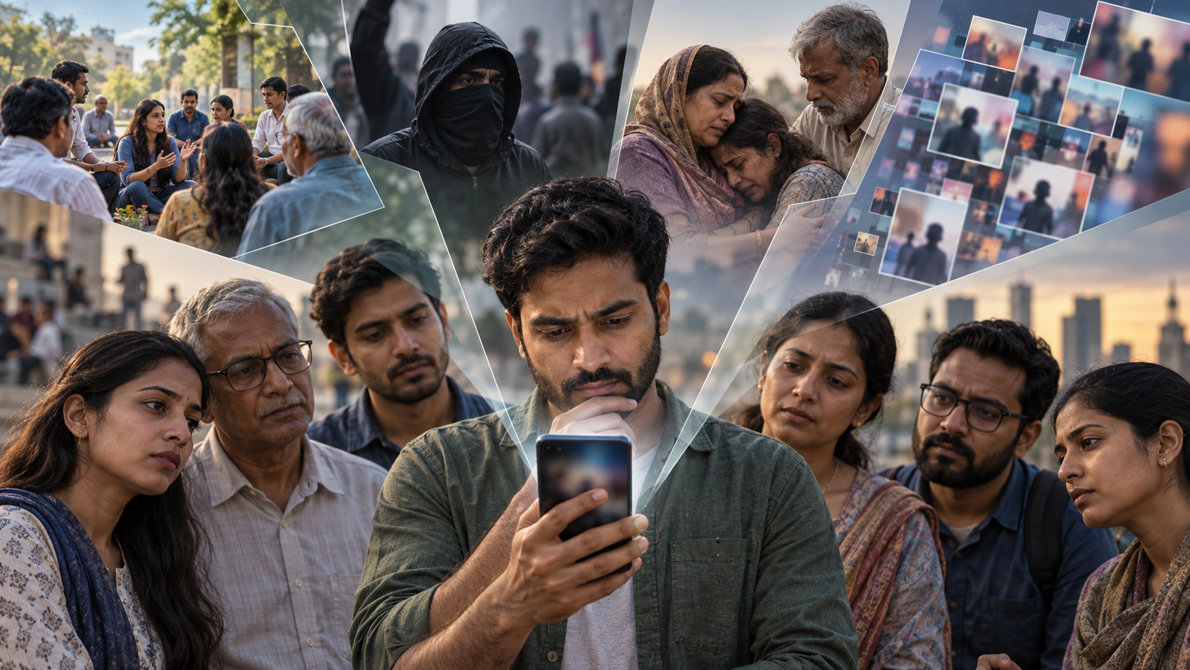 A group of Indian citizens examines a smartphone while translucent scenes of public debate, masked agitation, civilian grief, and repeated media fragments surround them.