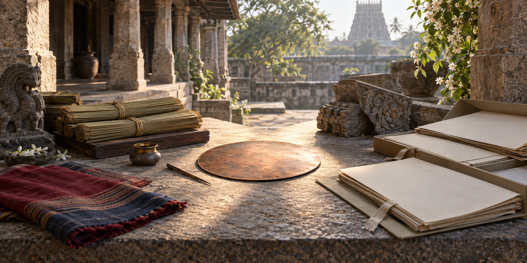 Palm-leaf manuscripts, archival materials, carved stone fragments, and a handloom textile rest on a sunlit table in a South Indian courtyard.