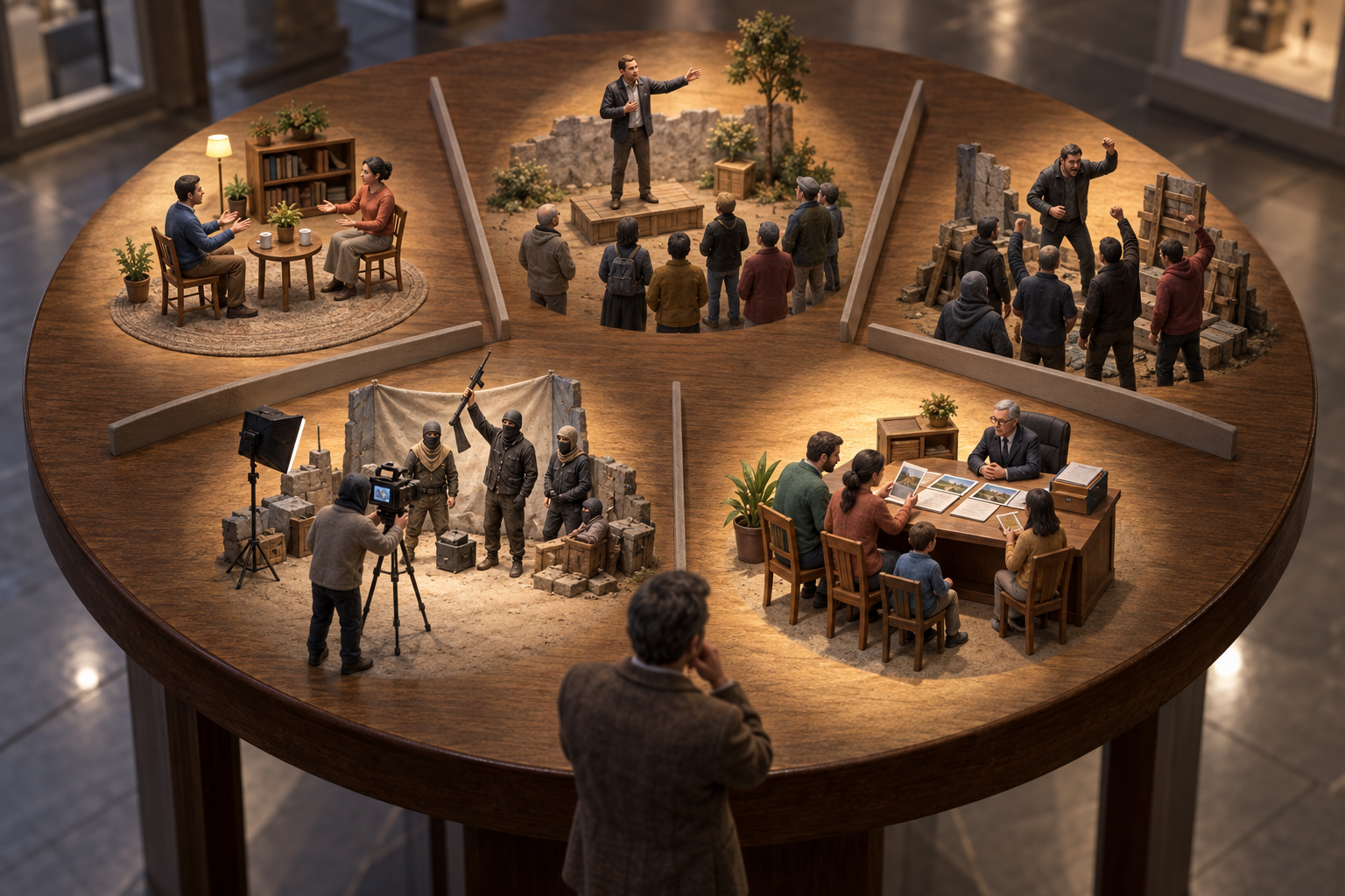 Five separated miniature scenes show peaceful debate, separatist advocacy, crowd incitement, staged militant propaganda, and a family raising a civic grievance.