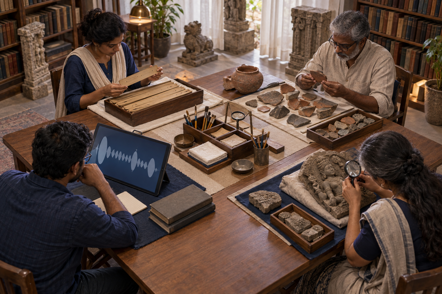 Four researchers at a library table separately examine manuscripts, archaeological fragments, abstract sound patterns, and temple sculpture details.