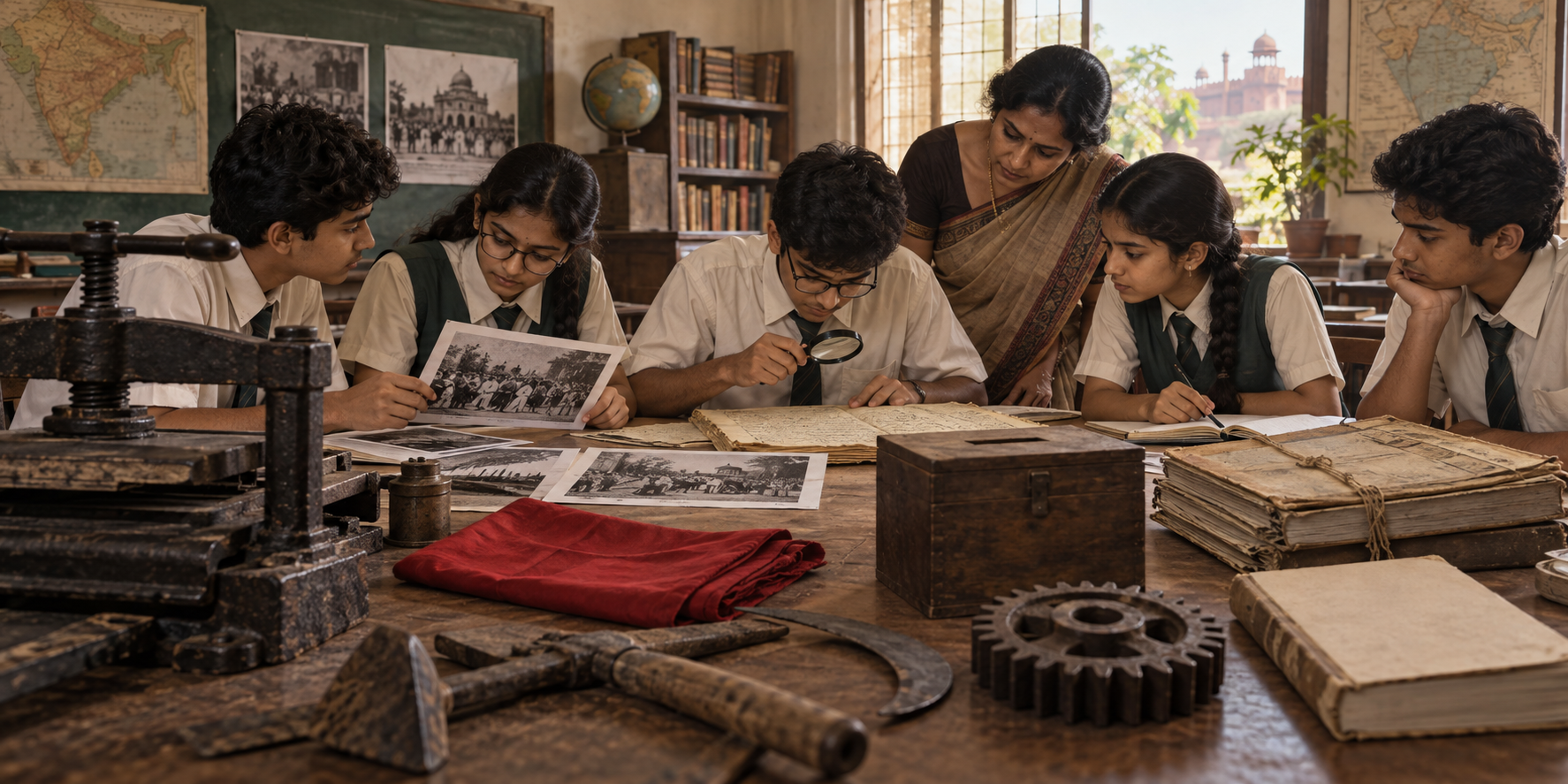 Indian students and a teacher examine historical objects, archival material and a blank-covered textbook arranged across a classroom table.