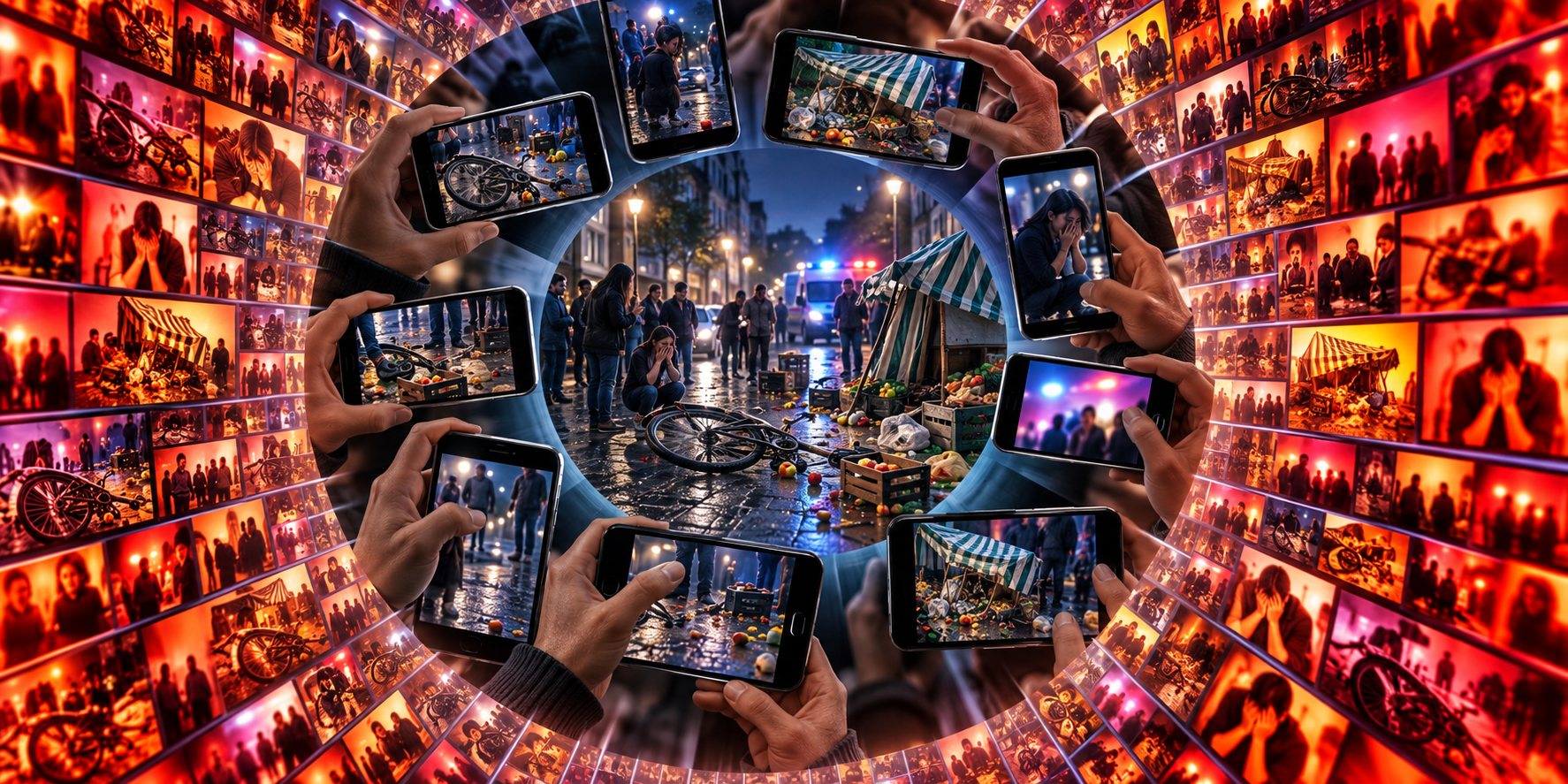 An unclear street incident is photographed, selectively cropped, and multiplied into increasingly distorted images across many phone screens.