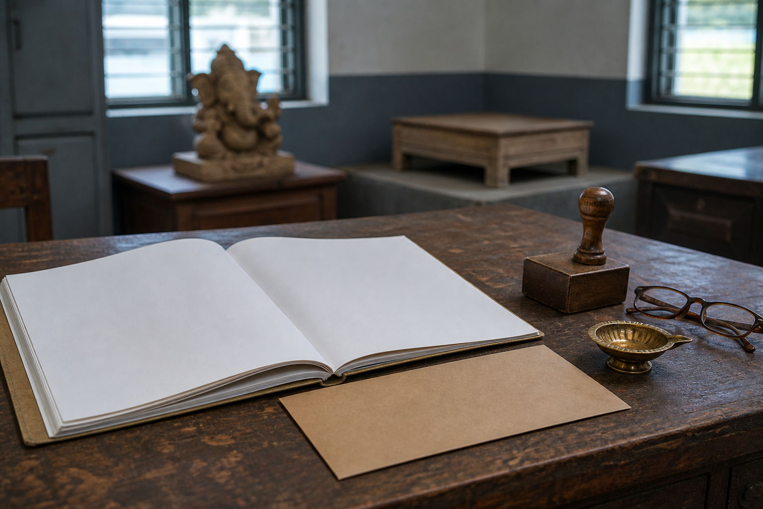 A blank administrative file, envelope, reading glasses, and brass lamp sit on an office desk with a Ganesha idol blurred in the background.