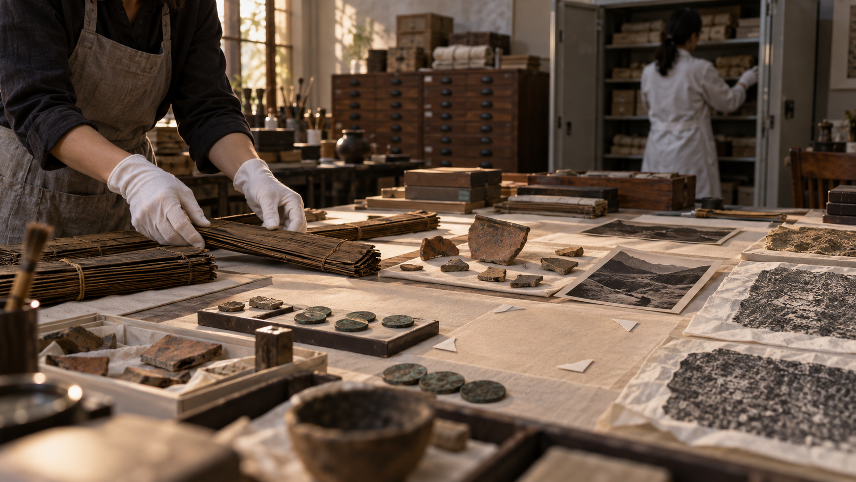An archivist arranges manuscripts, pottery fragments, coins, and archaeological records on a conservation table with visible gaps between the materials.