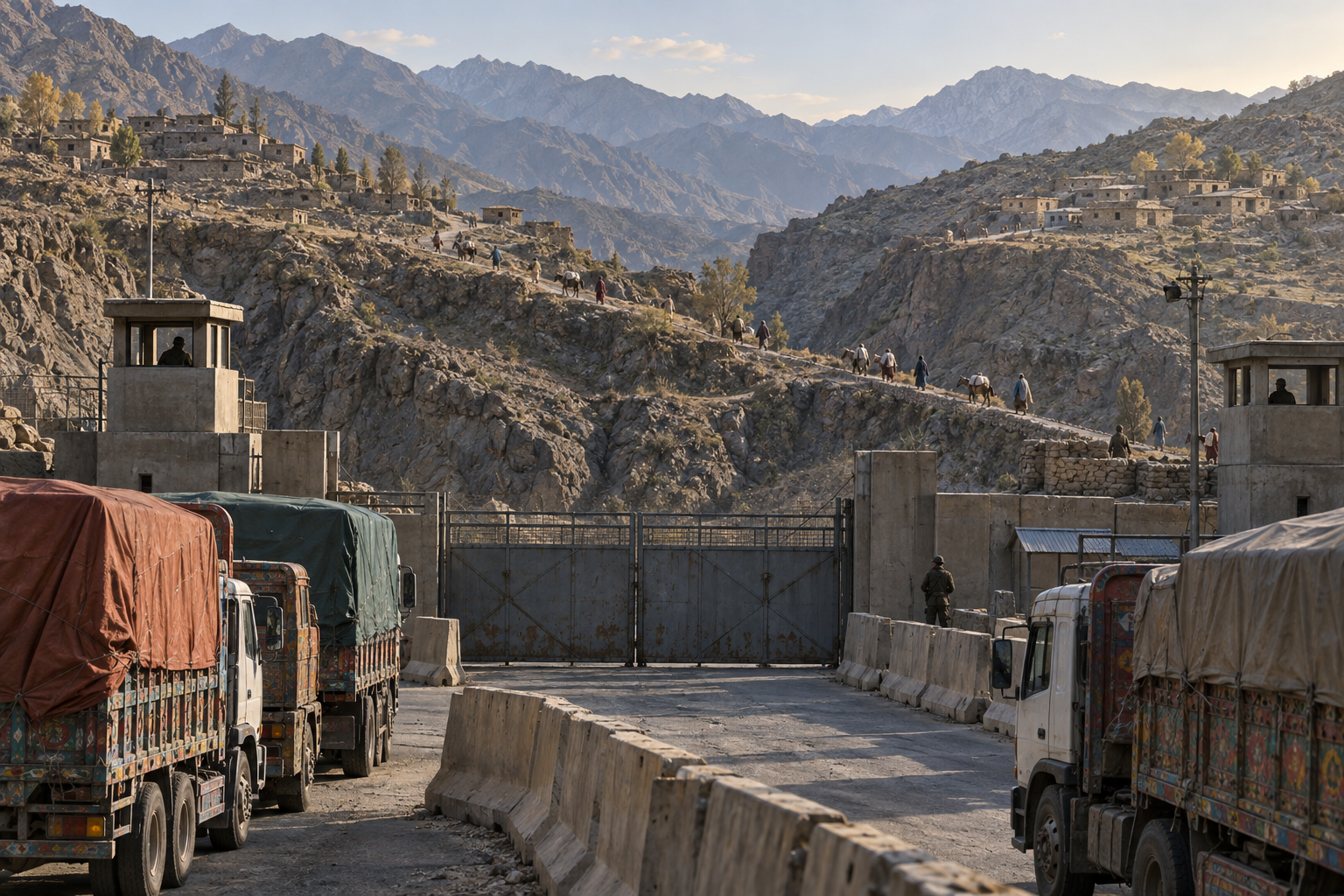 A closed mountain border crossing with halted cargo trucks stands beside a footpath connecting Pashtun villages across the surrounding highlands.