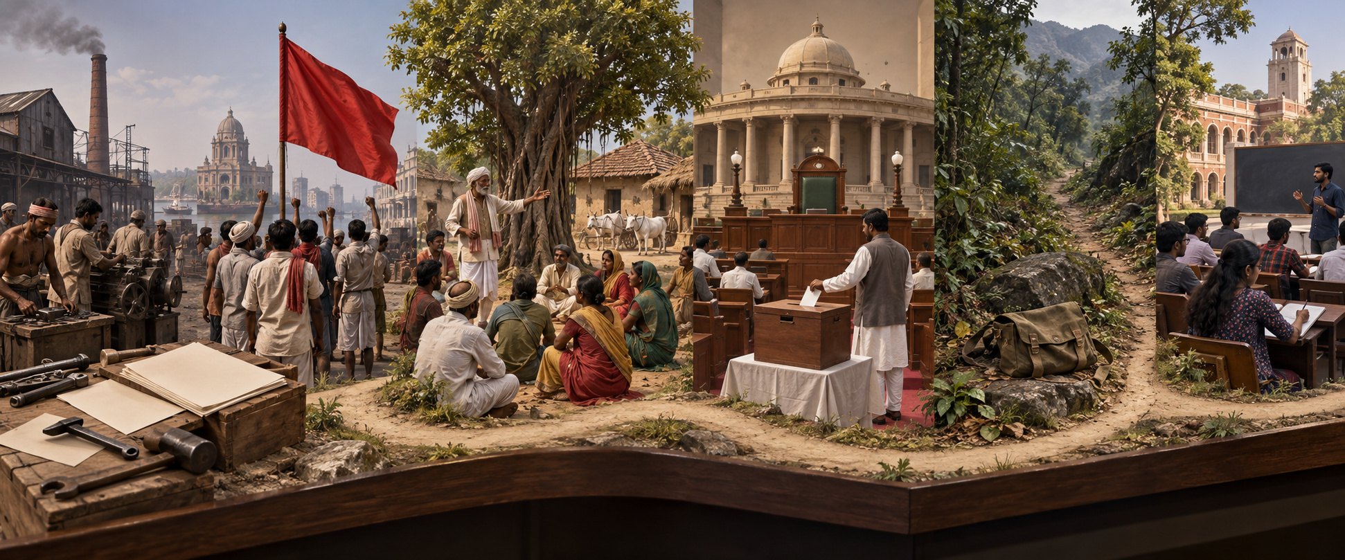 A sequence of historical Indian scenes moves from colonial labor politics through elections, rural conflict and a modern university classroom.