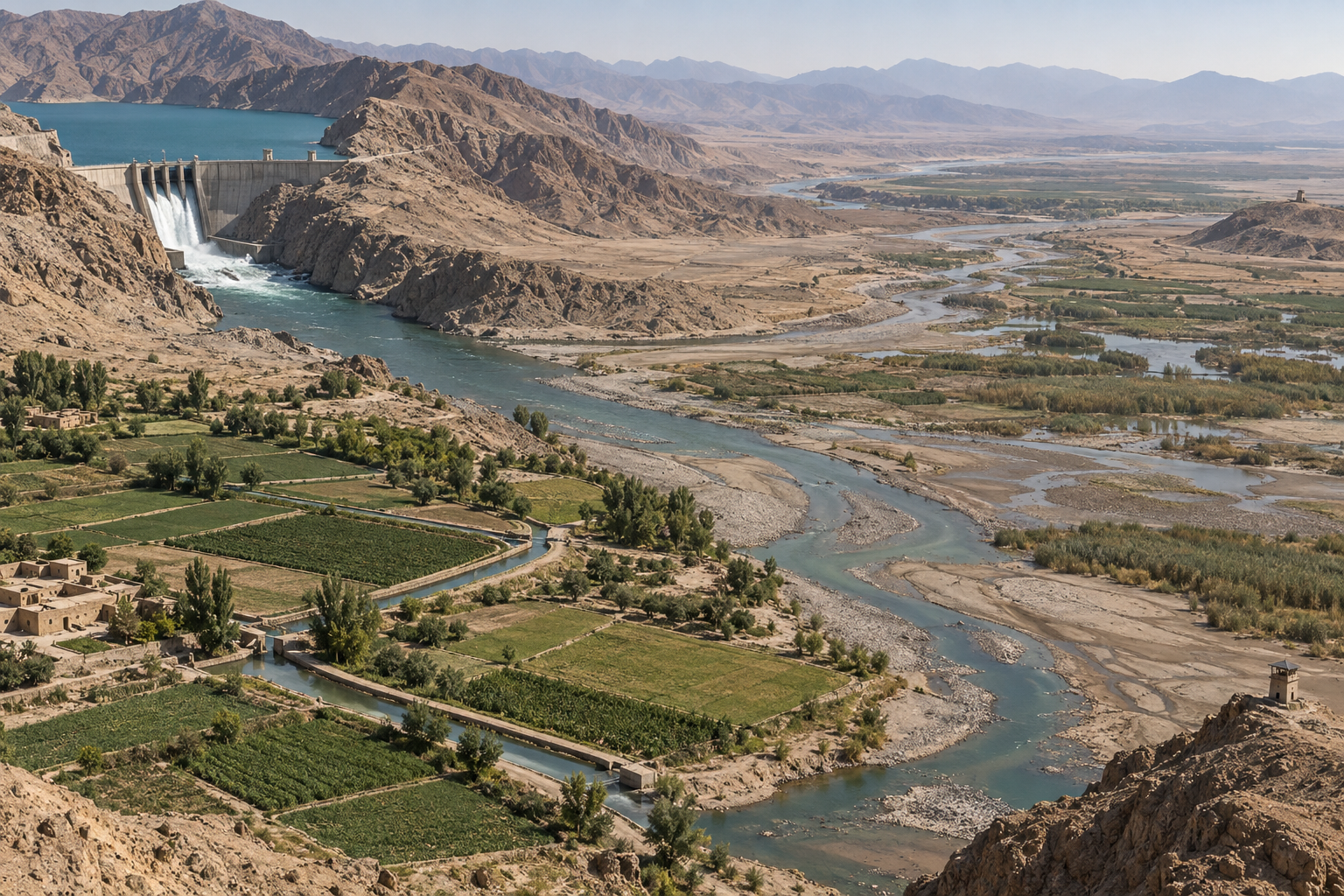 A dam releases water into the Helmand River as the channel narrows across an arid basin toward distant wetlands, farms, and frontier posts.