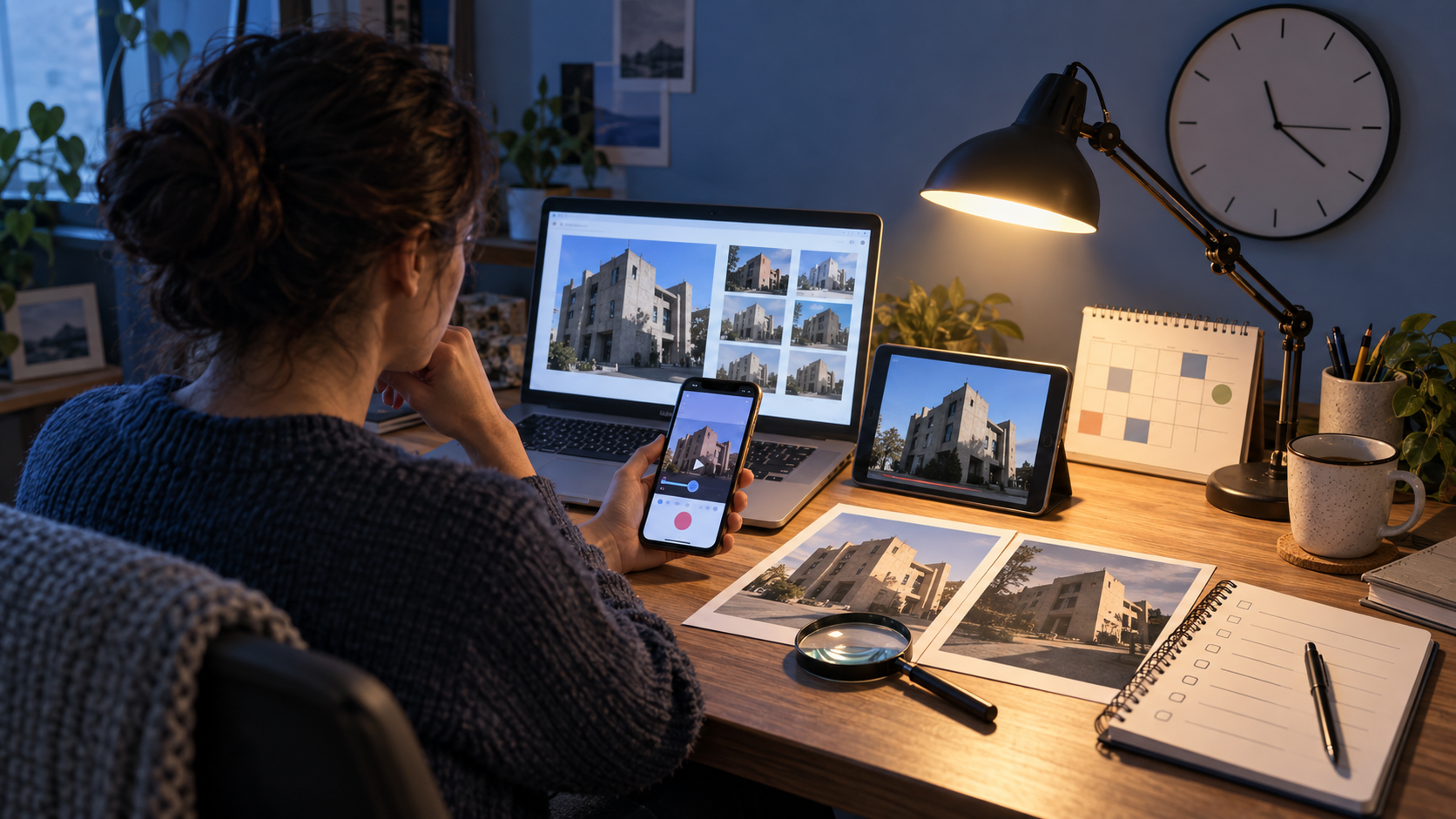 A person at a desk pauses before sharing a video and compares visual evidence across a phone, laptop, photographs, calendar, and clock.