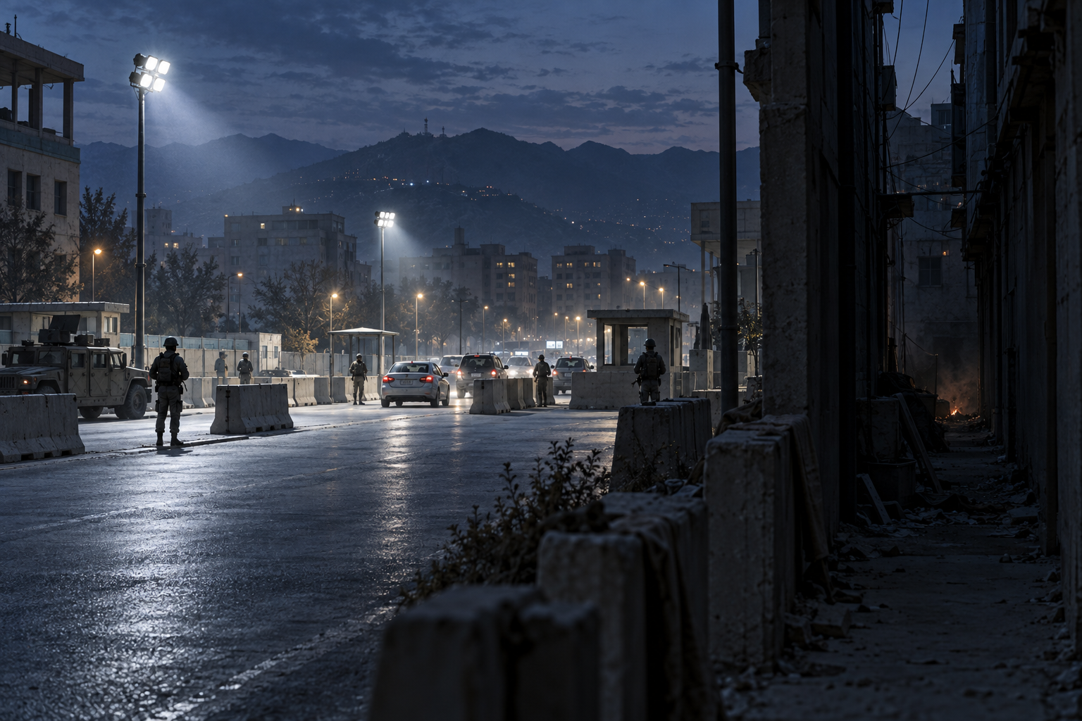 An Afghan security checkpoint guards a calm city road at dusk while a narrow, shadowed side alley remains outside the brightest area of control.