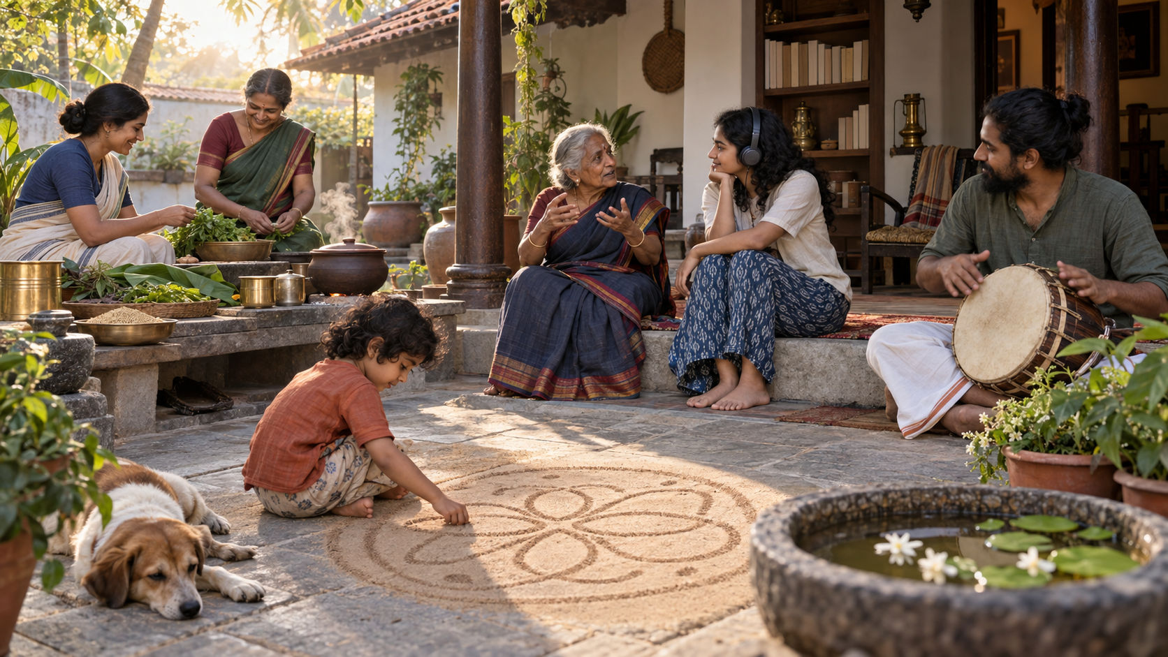 A multigenerational family practices storytelling, listening, music, cooking, and pattern-making together in a Tamil household courtyard.