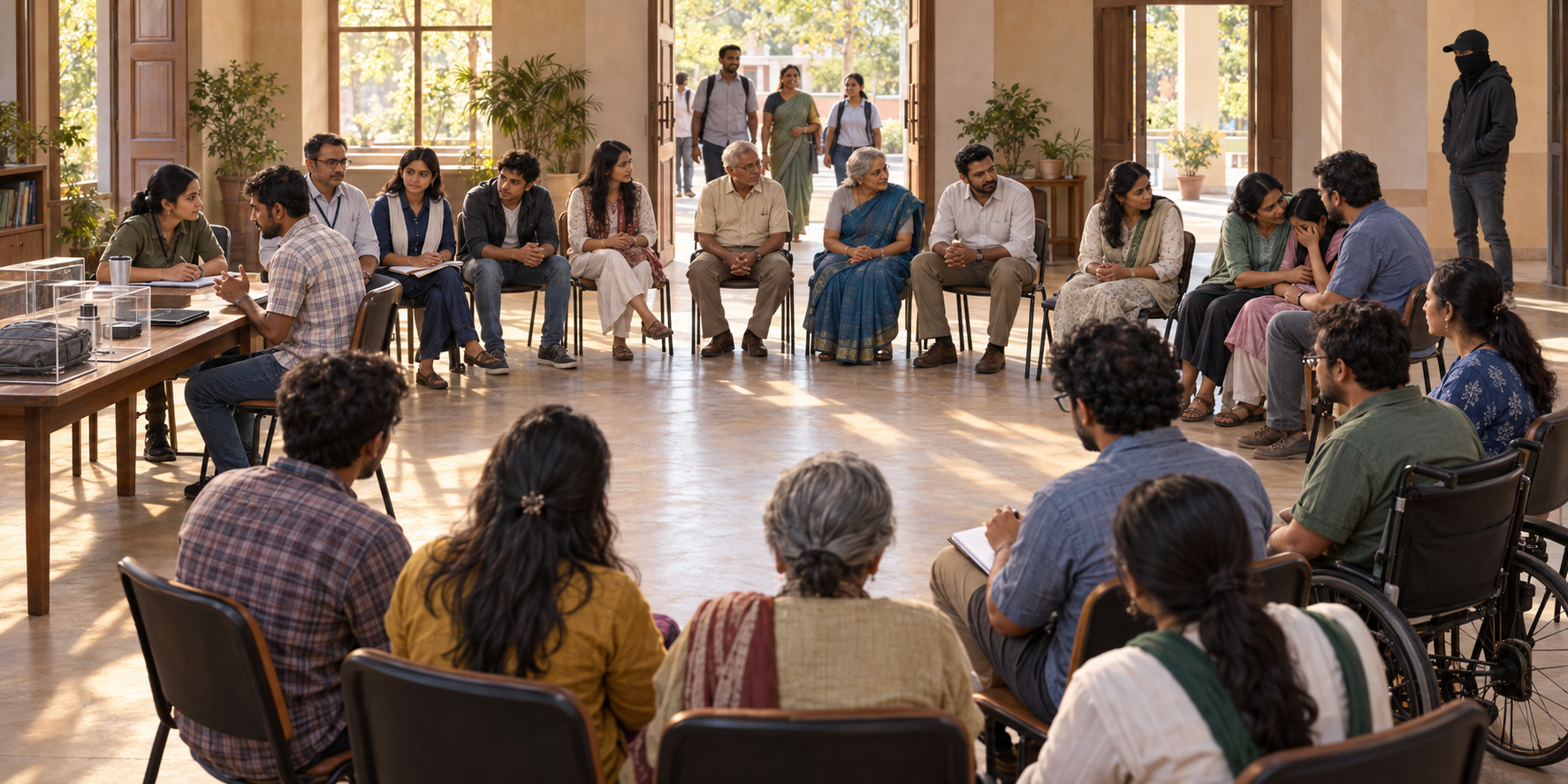 Residents, students, journalists, volunteers, and officials meet in a civic circle while an investigator reviews evidence and neighbors support a distressed family.