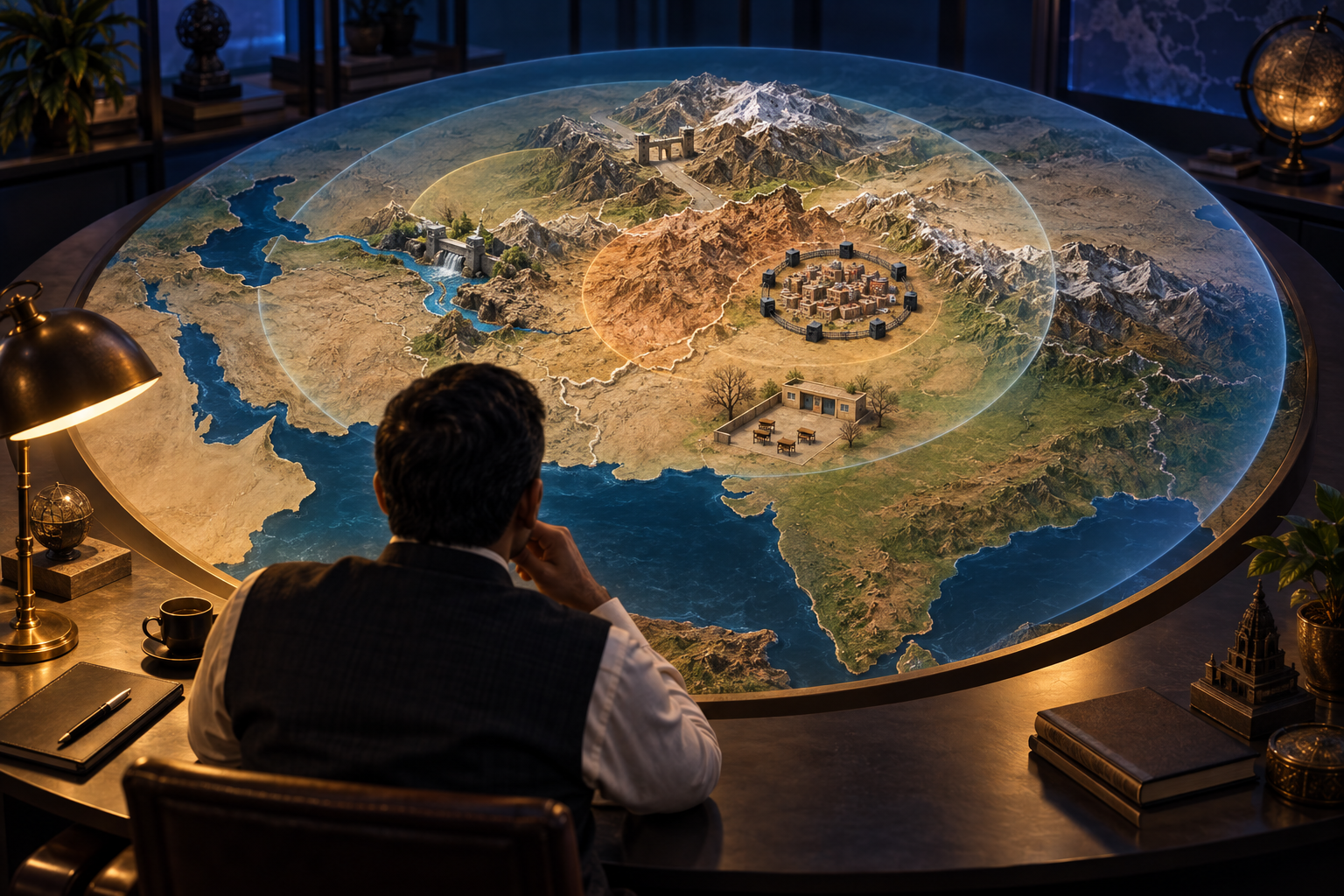 An Indian policy analyst examines an unlabeled relief model of Afghanistan surrounded by markers for a border crossing, a dam and river, urban security, and a closed school.