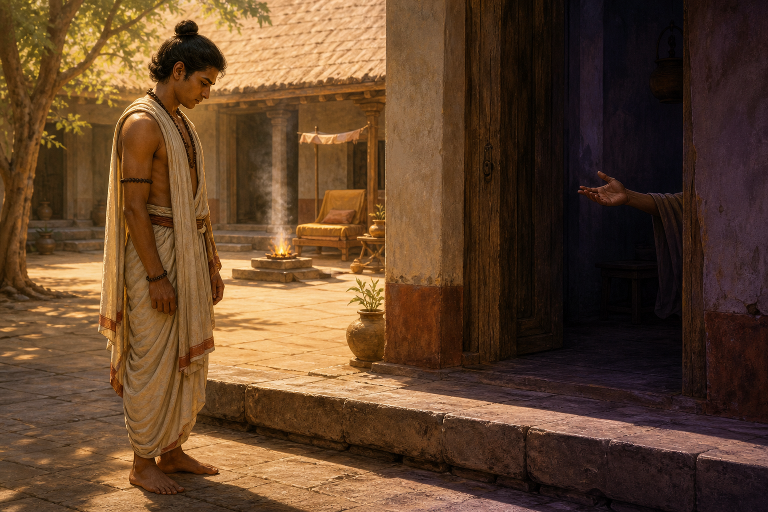 Utanka pauses on the sunlit side of a stone threshold while a hand beckons from the shadowed interior of a gurukula dwelling.