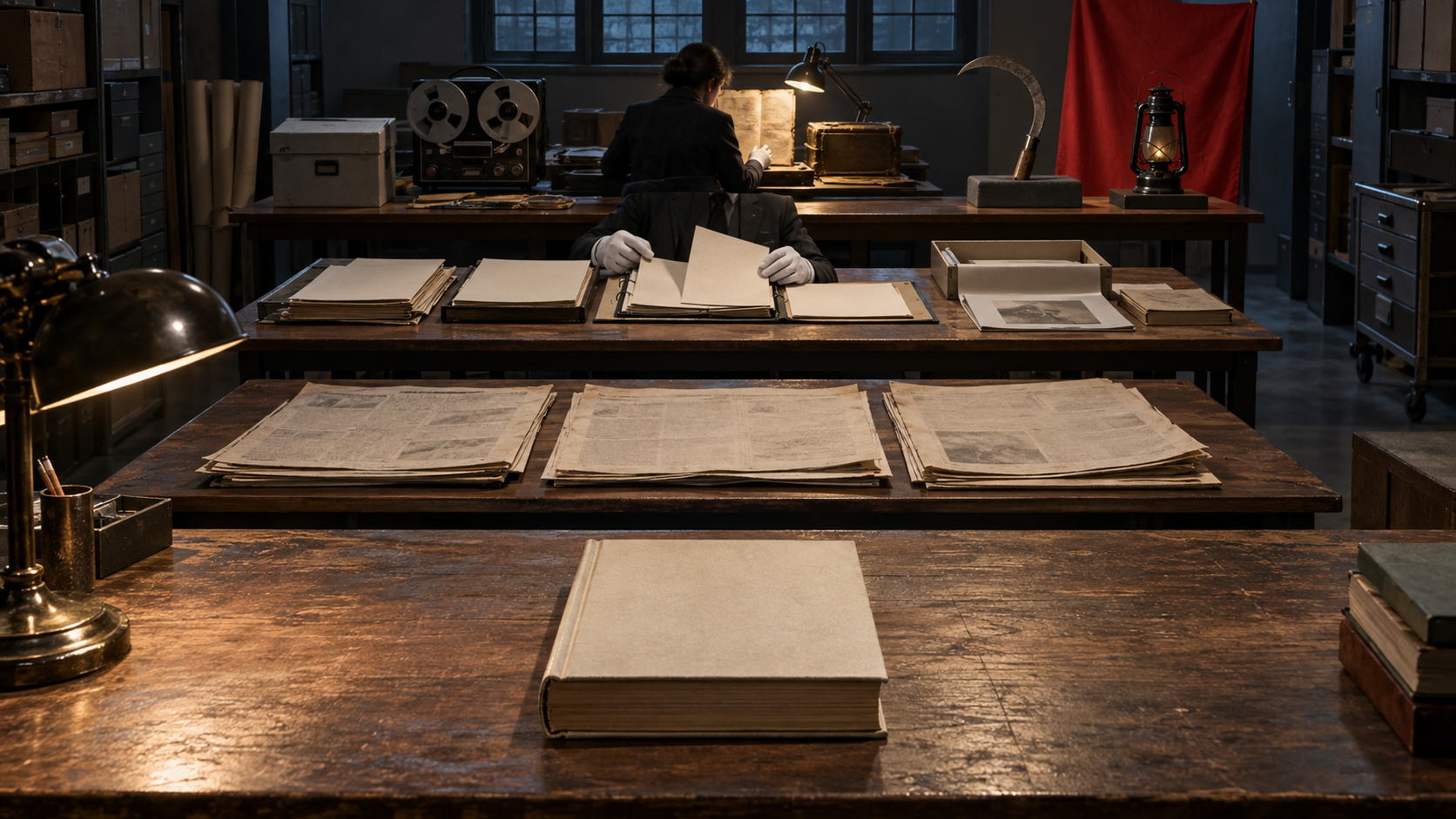 An archivist examines layered historical sources ranging from a textbook and newspapers to official files, recordings and sealed evidence.