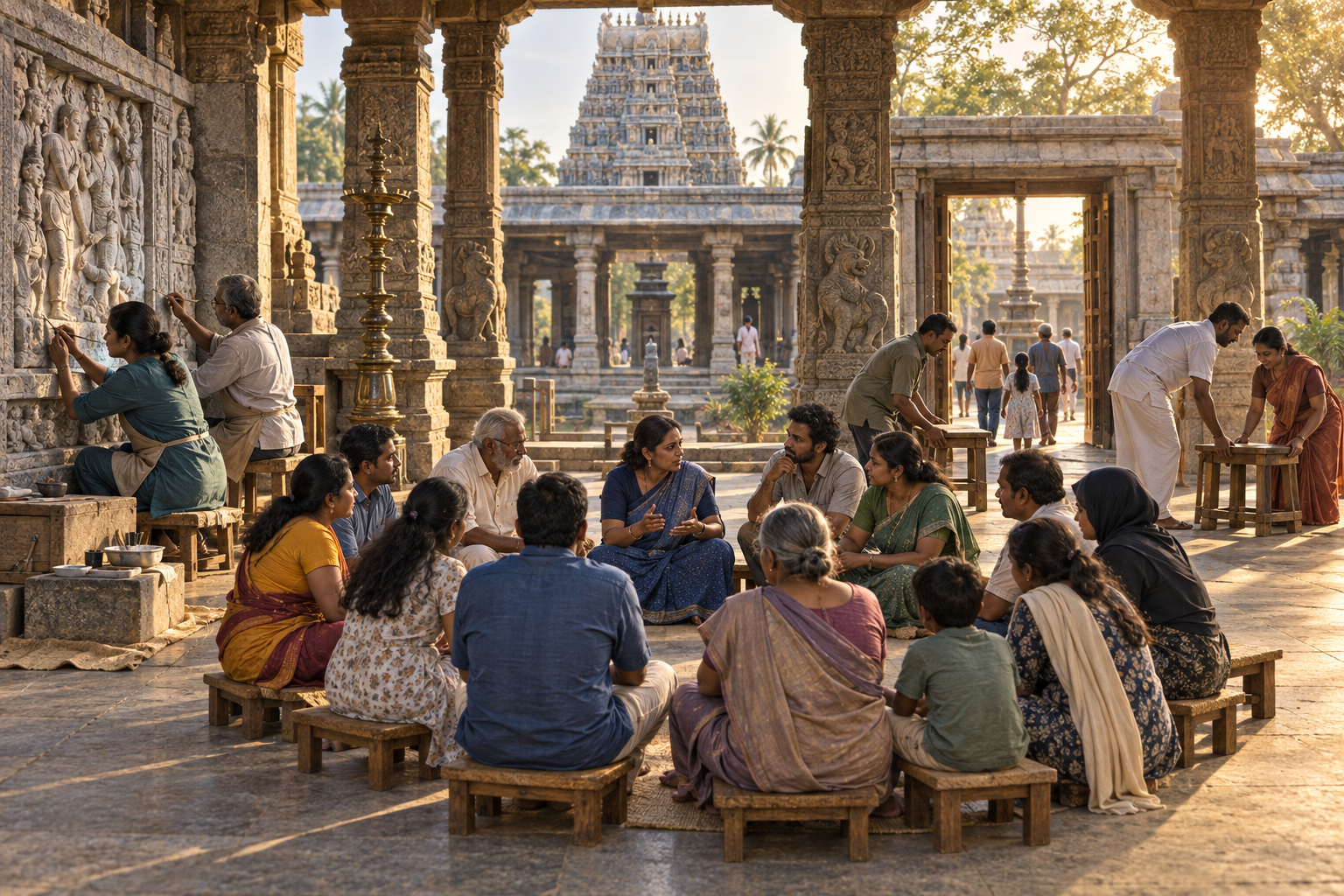 Community members form an equal circle and open a passage while conservators repair carved stone inside a South Indian temple hall.