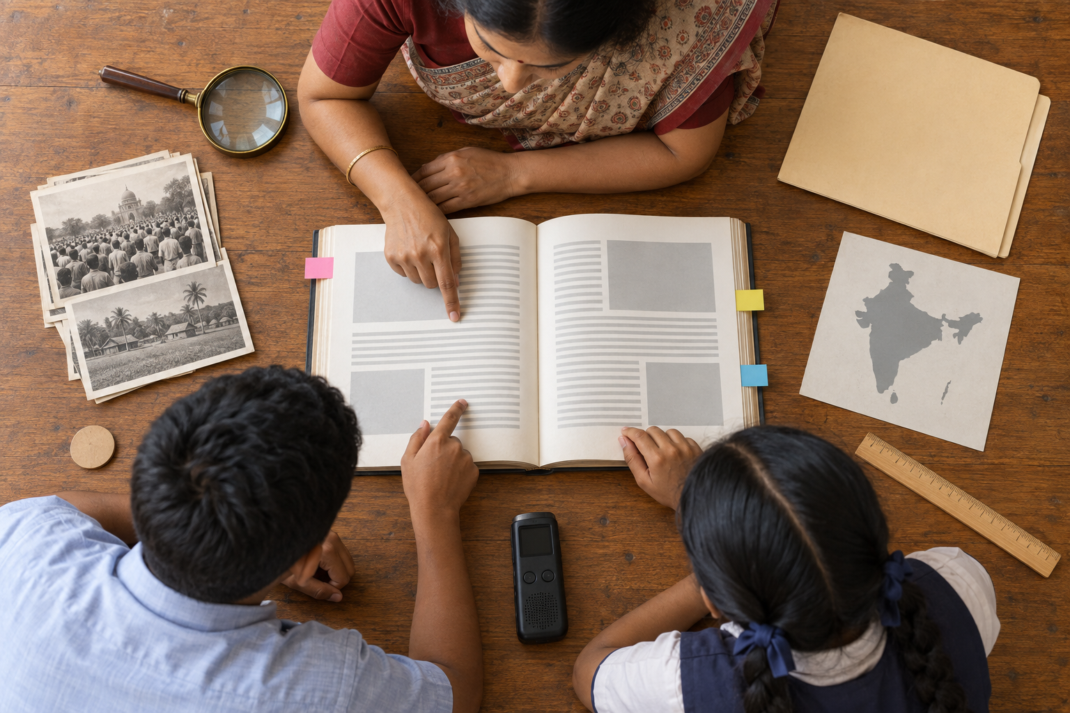 A teacher and two students compare an open history textbook with archival files, photographs, a map and research tools during a classroom audit.