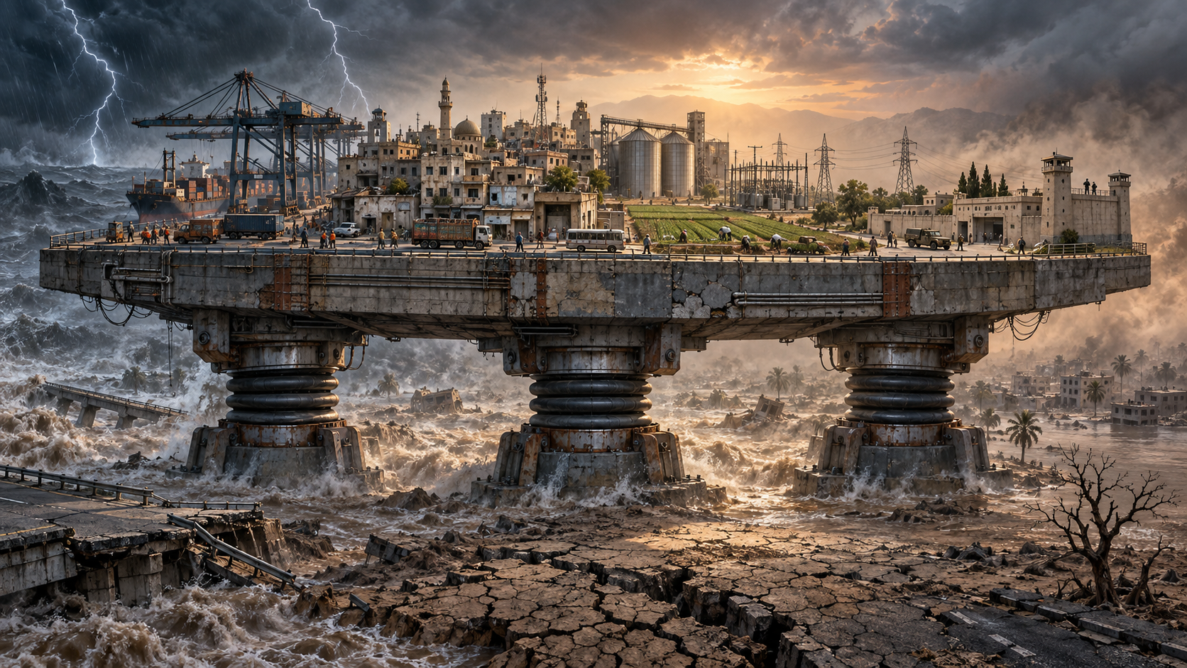 Editorial illustration of a Pakistani city, farms and infrastructure continuing to operate on a platform supported by three large shock absorbers during a storm.