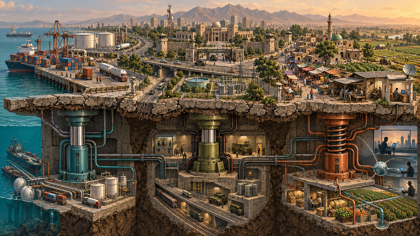 Cutaway illustration of a populated platform supported by three mechanisms connected to external cargo, state institutions and community economic activity.