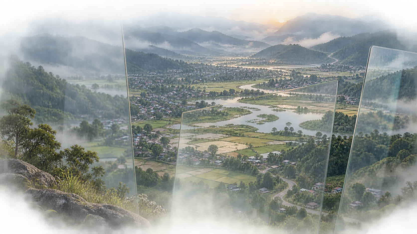 An illustrated valley surrounded by forested hills, with wetlands, farms, settlements, and a road leading toward a distant mountain pass, viewed through overlapping transparent panes.
