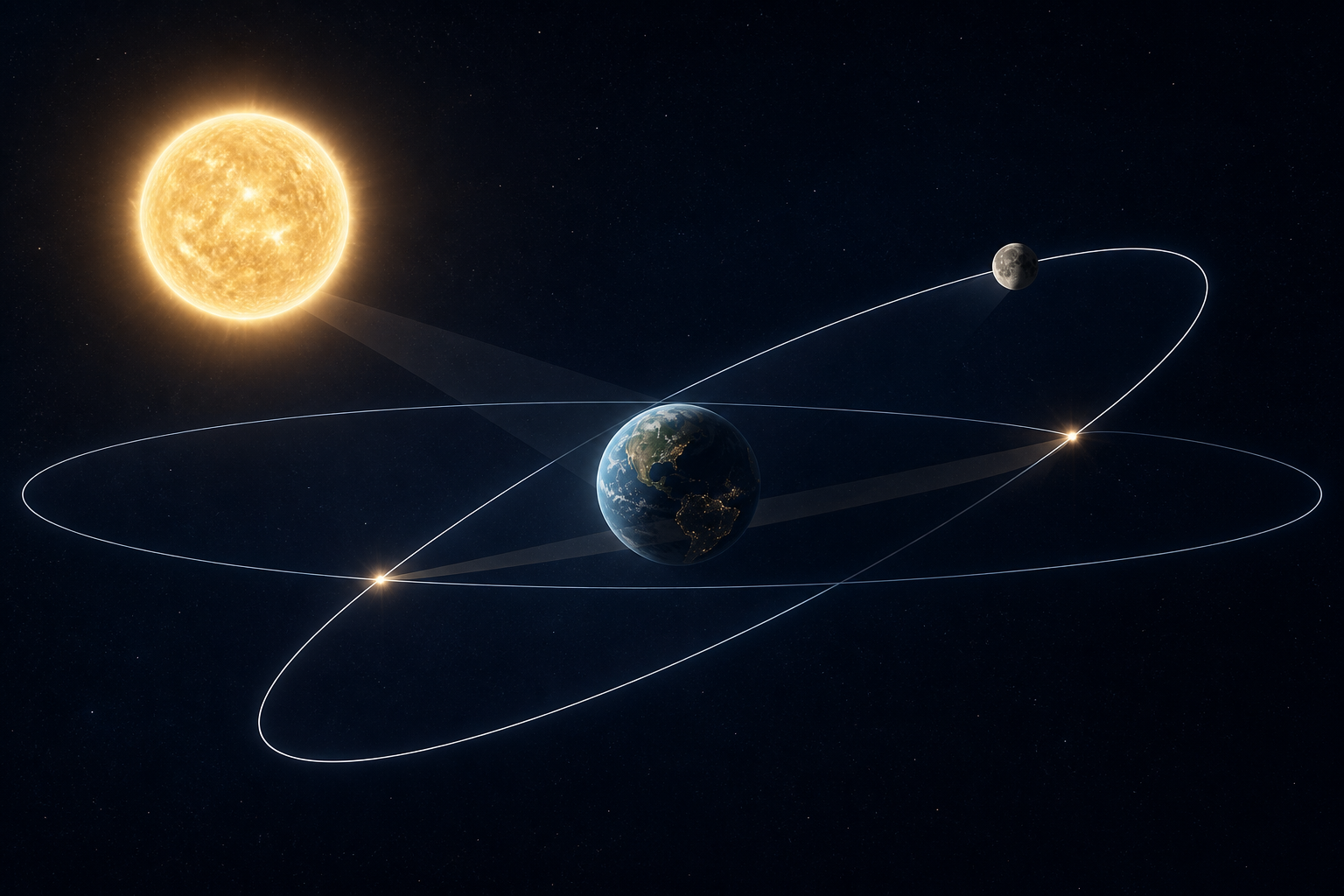 The sun, Earth, and moon with two inclined orbital paths crossing at softly highlighted lunar nodes.