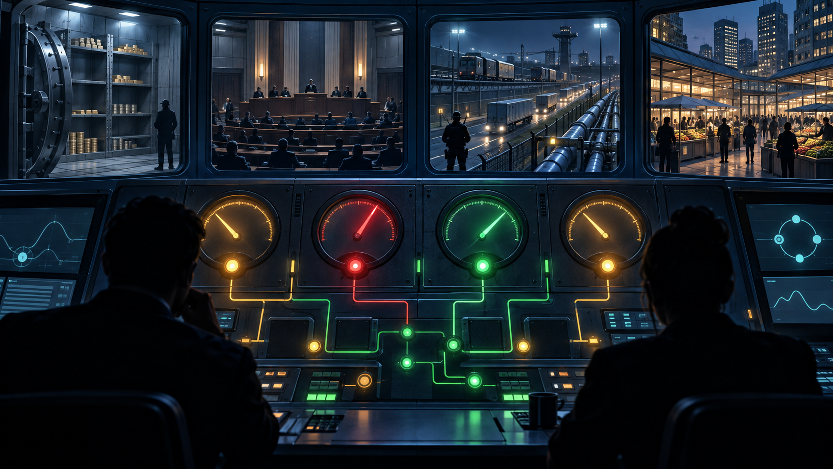 Two analysts face an unlabeled monitoring console connected to separate views of reserves, politics, infrastructure and a functioning market.
