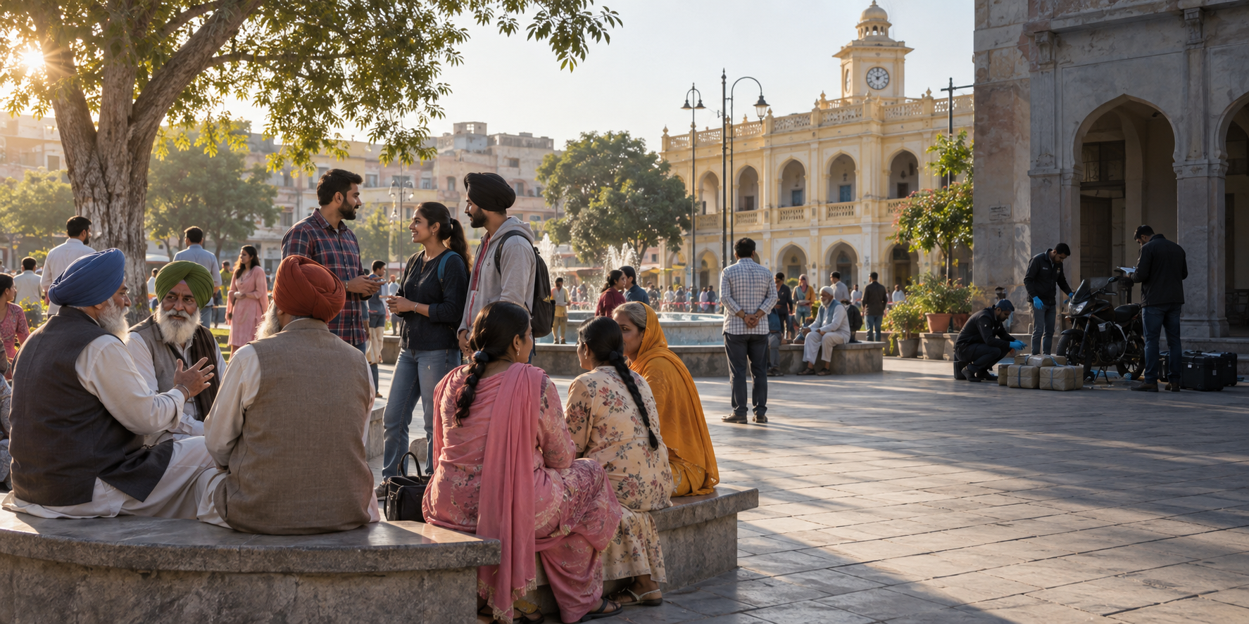 A diverse group of Punjabi residents in a public square, separated from investigators examining an abandoned motorcycle and sealed packages.
