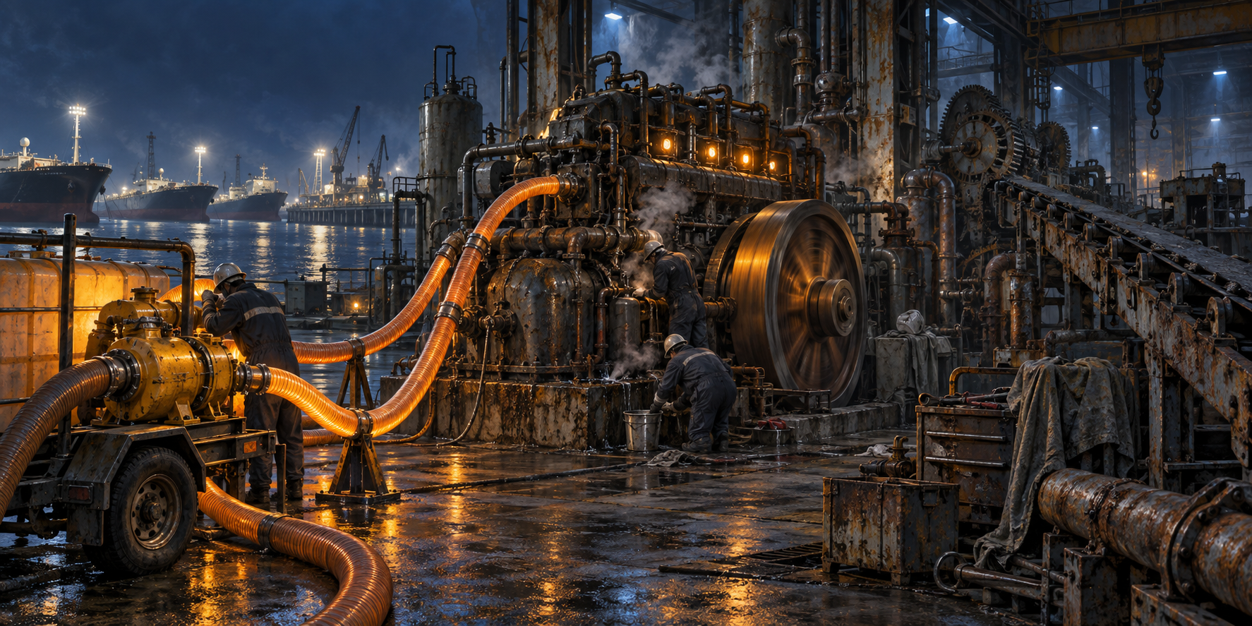 Temporary pumps keep a damaged industrial engine running while corroded gears and a stalled factory line remain unrepaired behind it.